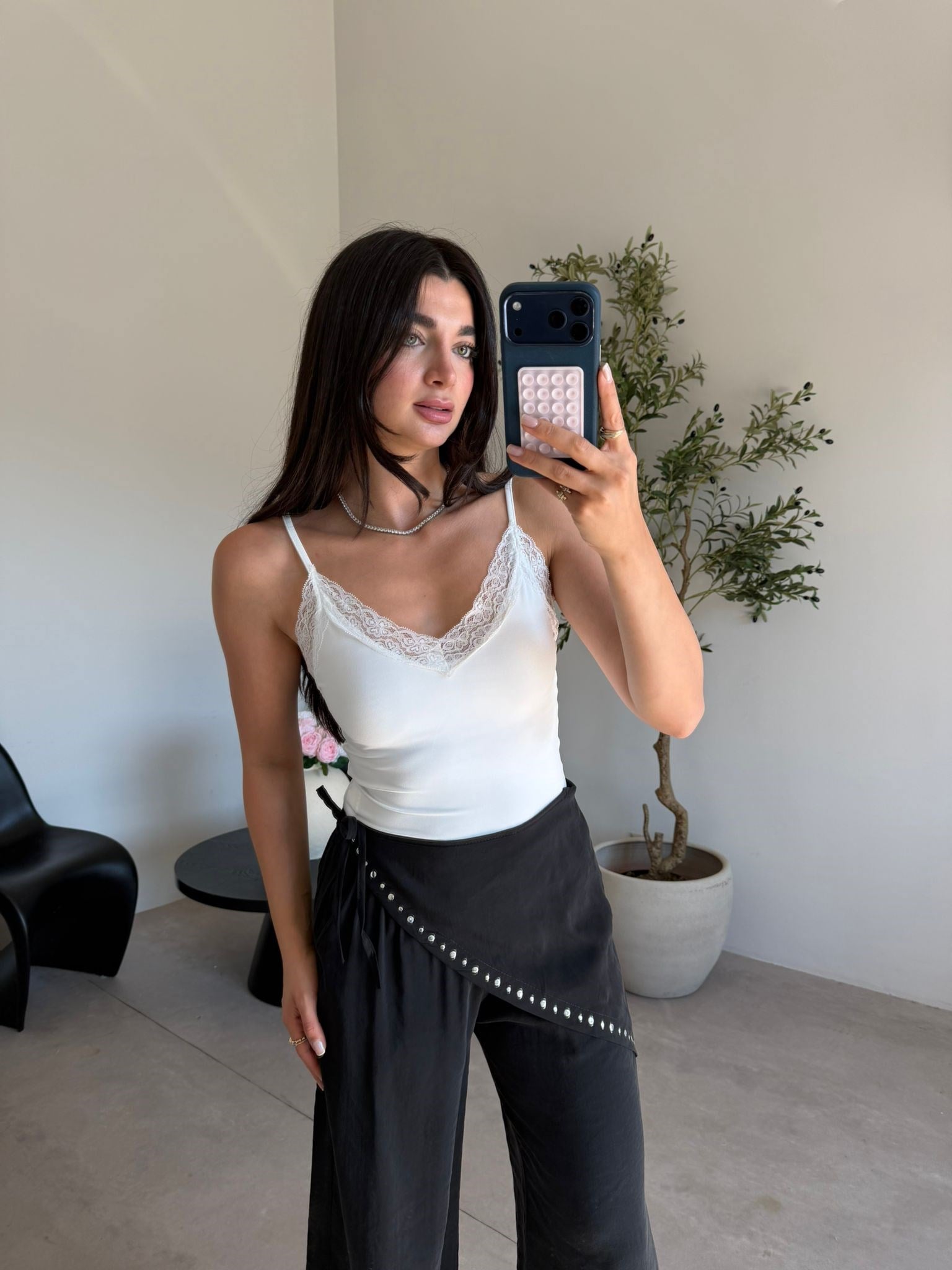 Siyah Beli Lastikli Drop Şallı Pantolon