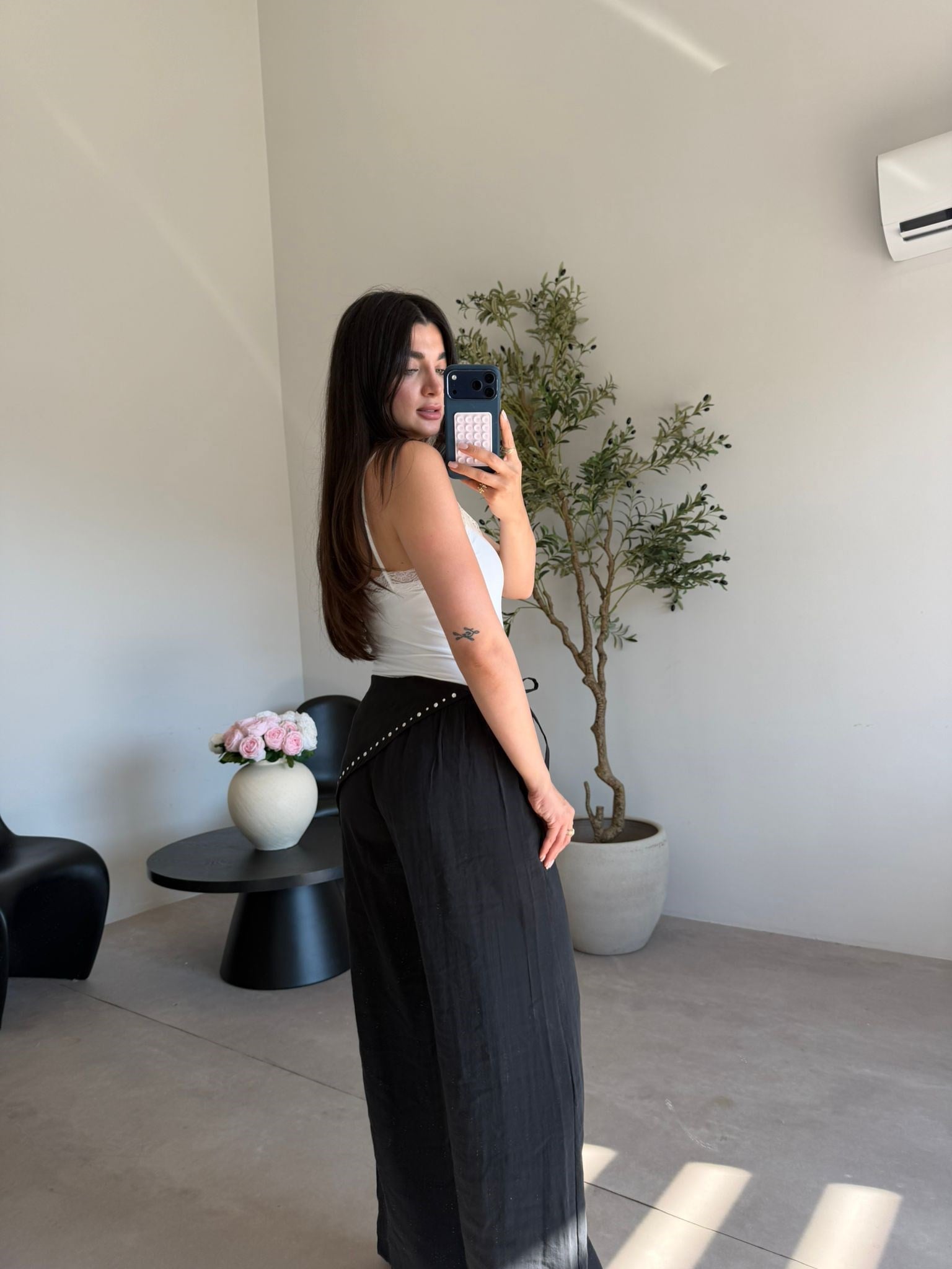 Siyah Beli Lastikli Drop Şallı Pantolon