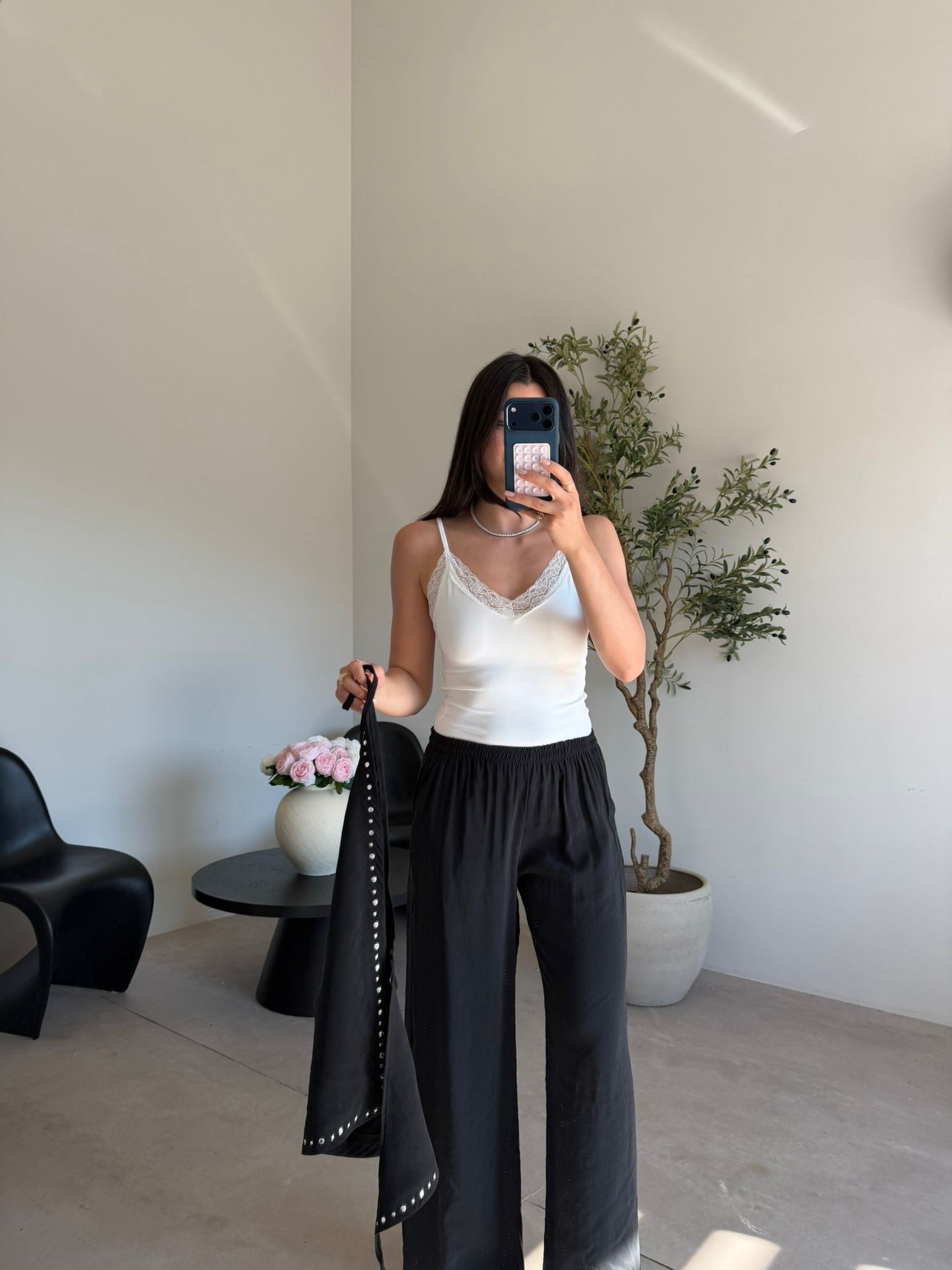 Siyah Beli Lastikli Drop Şallı Pantolon