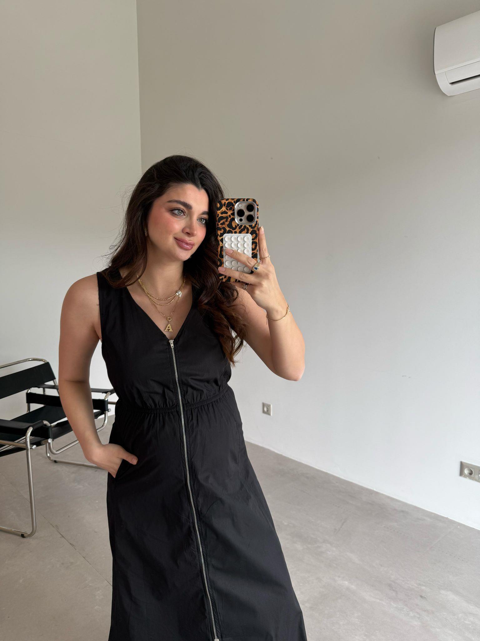 Siyah Beli Lastikli Fermuar Detaylı Elbise