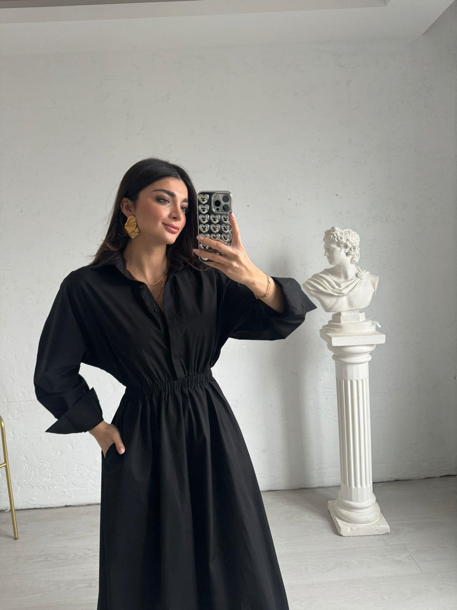 Siyah Beli Lastikli Poplin Elbise