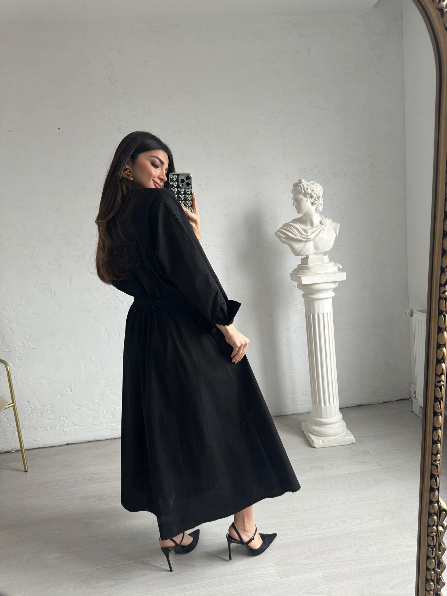Siyah Beli Lastikli Poplin Elbise