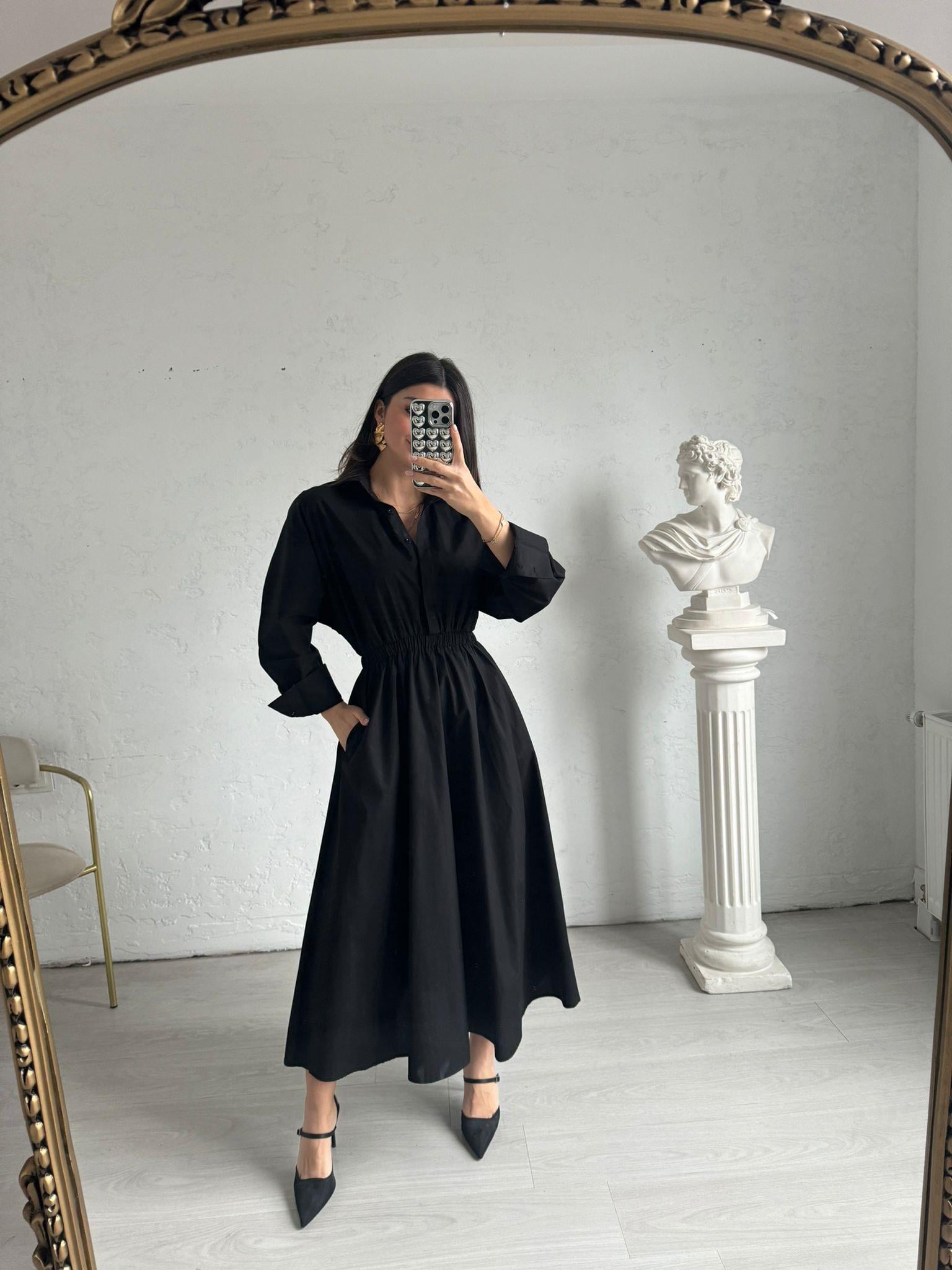 Siyah Beli Lastikli Poplin Elbise
