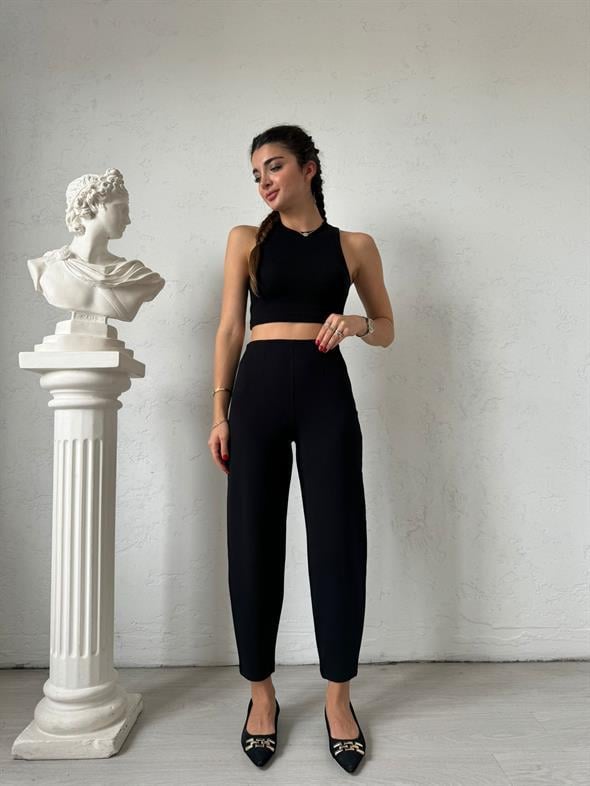 Siyah Beli Lastikli Şalvar Mona Pantolon