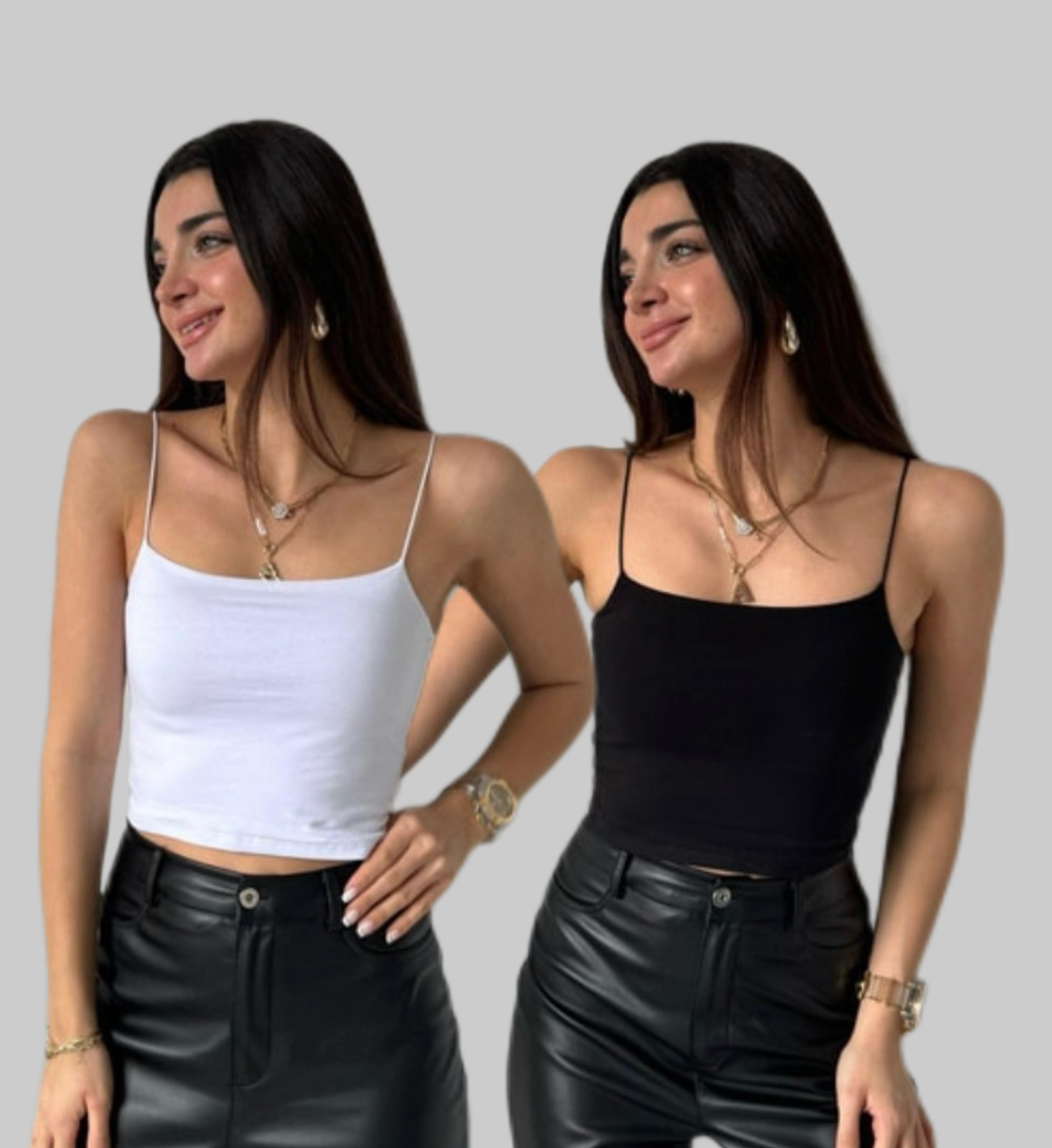Siyah Beyaz Askılı İp Askılı 2'li Kısa Tina Crop
