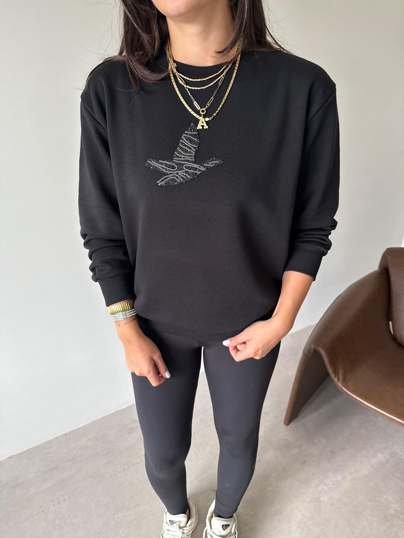 Siyah Bird Baskılı Sweat