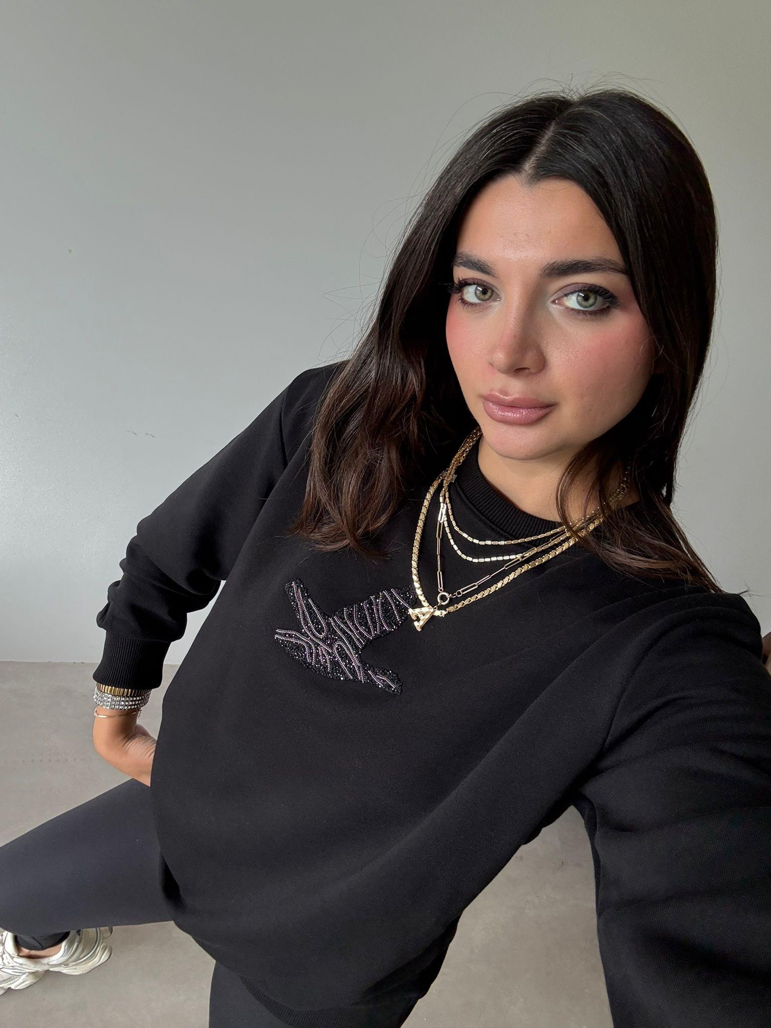 Siyah Bird Baskılı Sweat