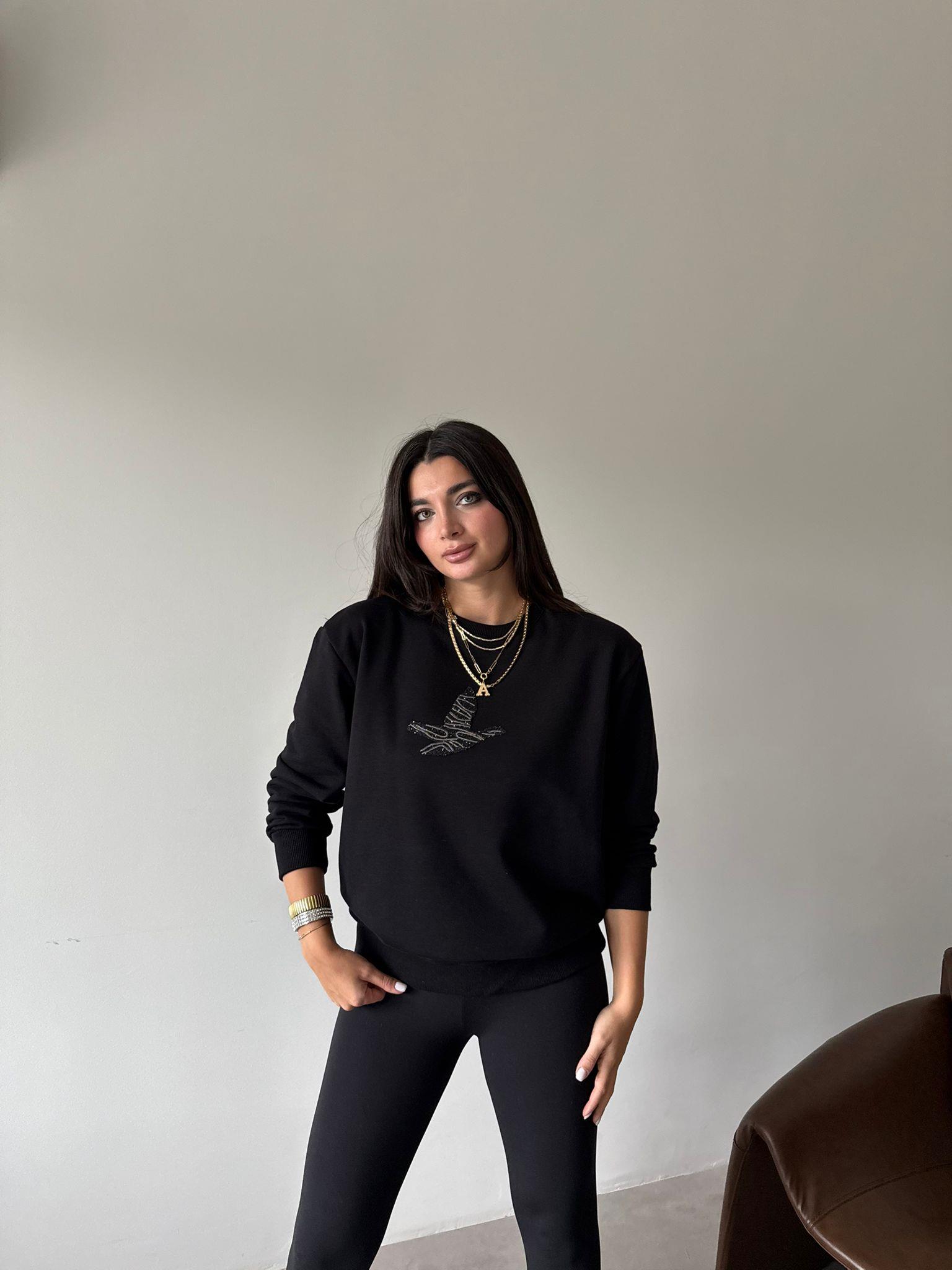 Siyah Bird Baskılı Sweat