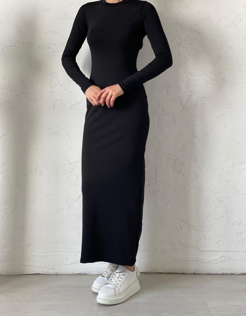 Siyah Bisiklet Yaka Basic Elbise