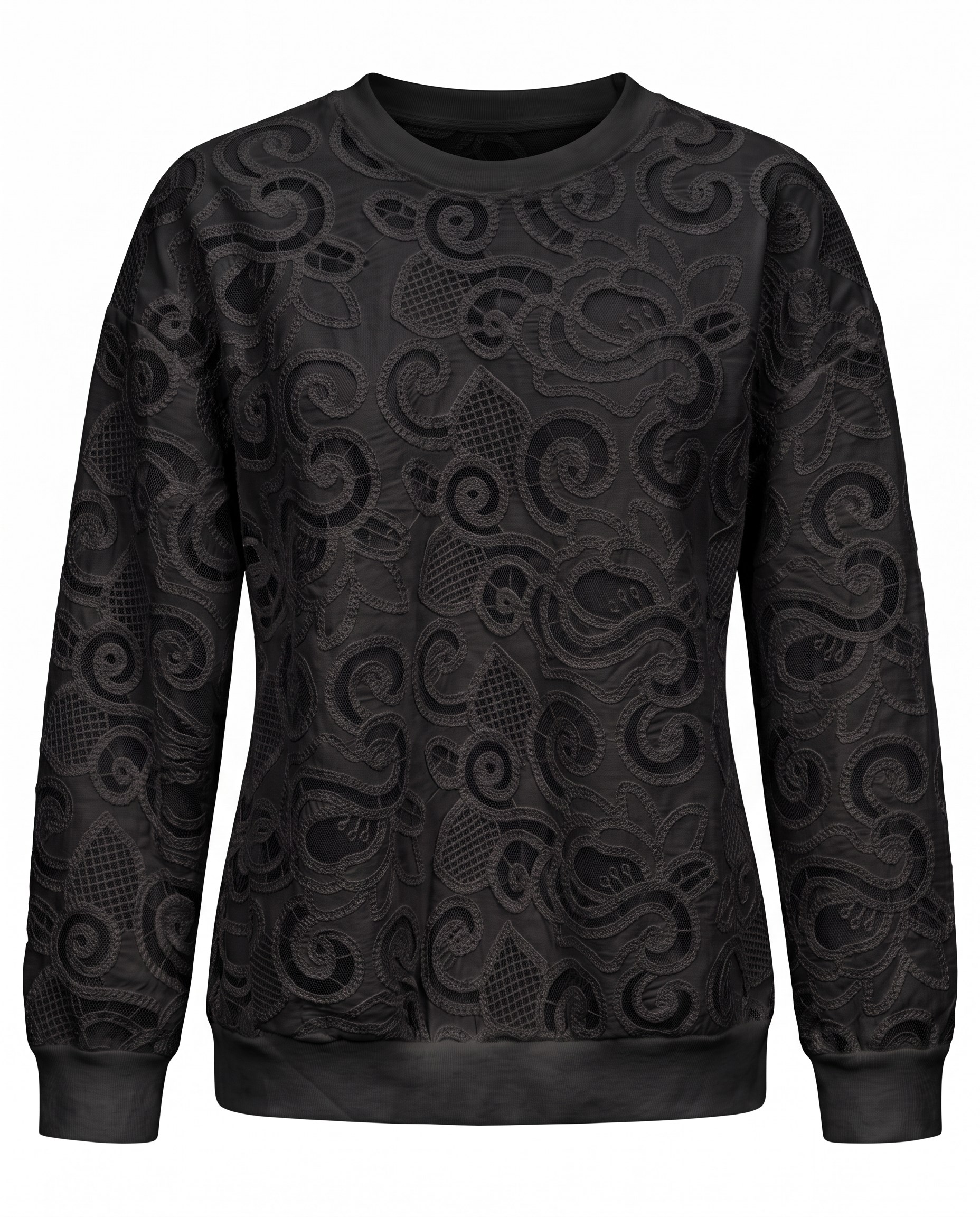 Siyah Bisiklet Yaka Dantelli Sweat