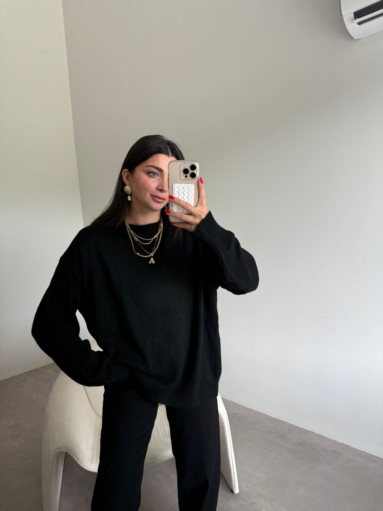 Siyah Bisiklet Yaka Oversize Kazak