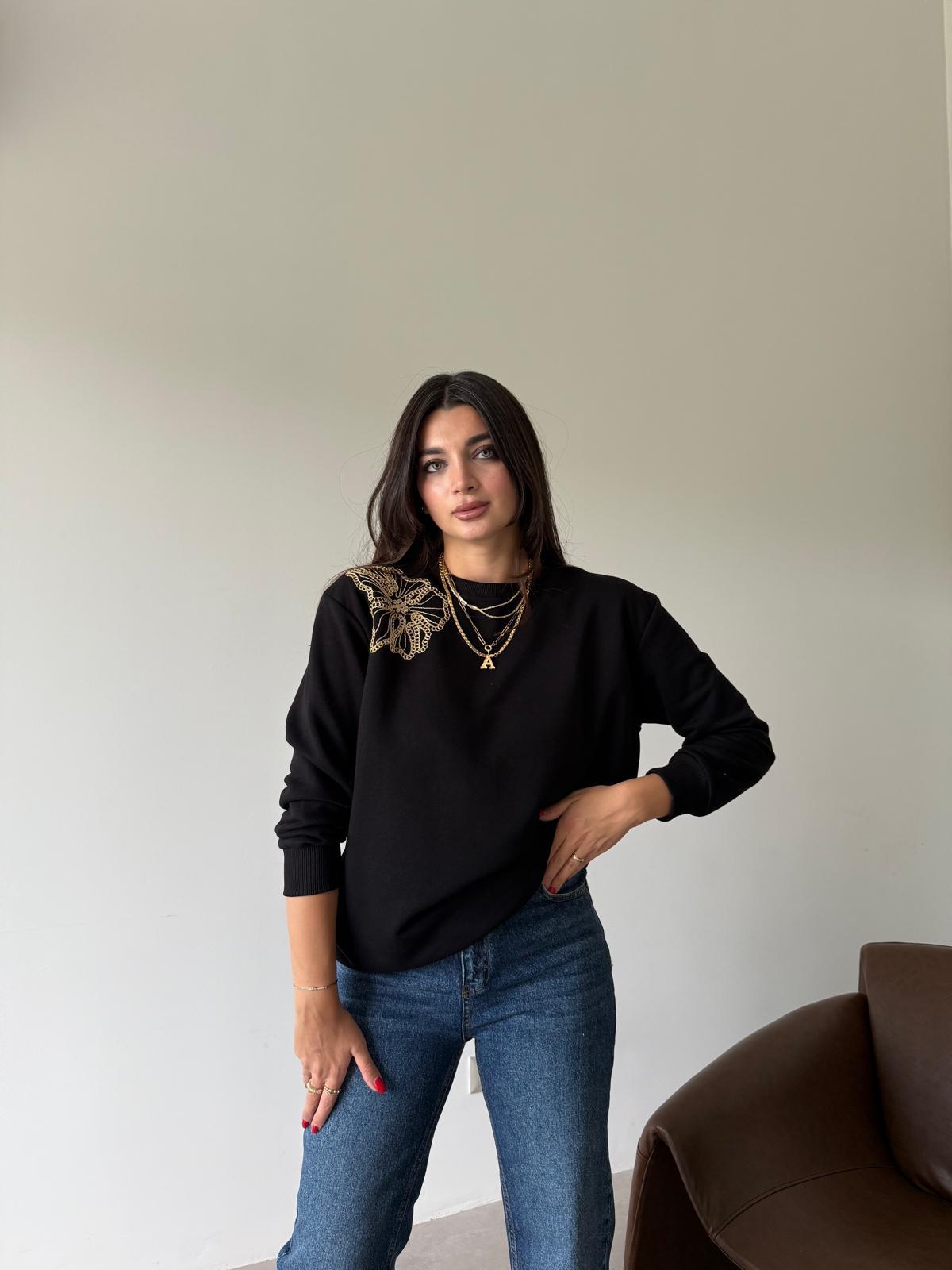 Siyah Çiçek Nakışlı Basic Sweat 