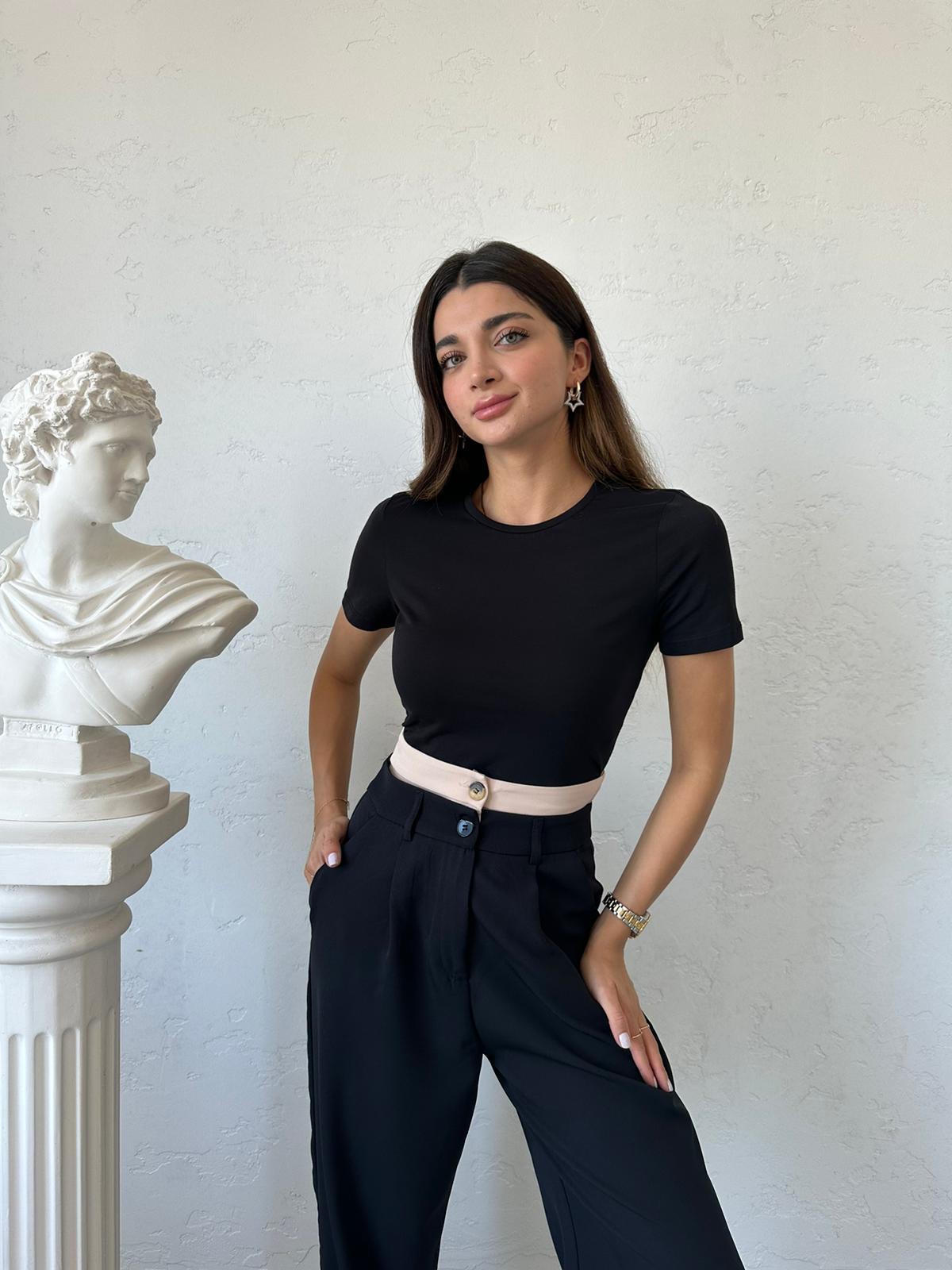 Siyah Çift Bel Detaylı Pantolon