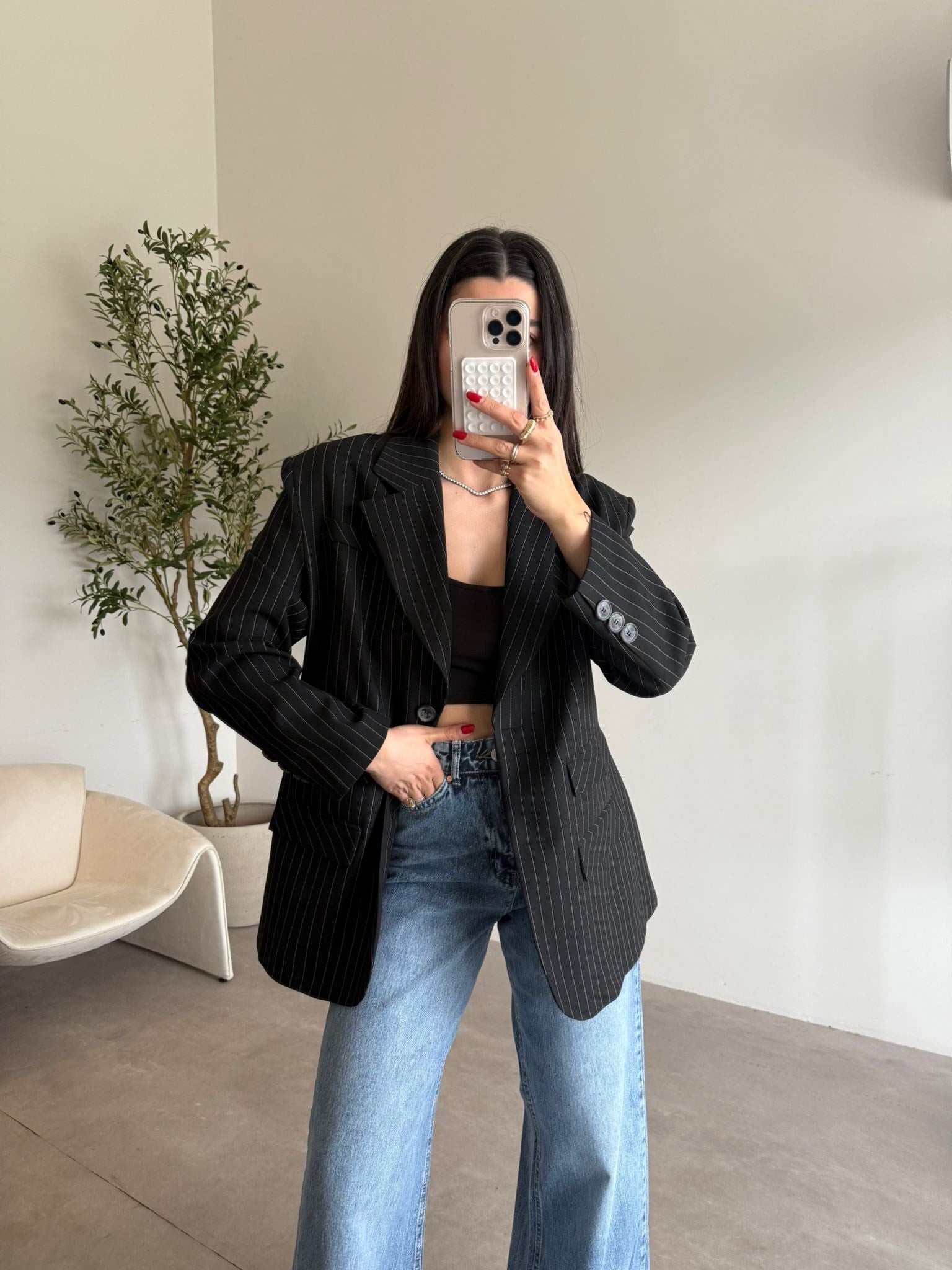 Siyah Çift Cep Detaylı Blazer Ceket