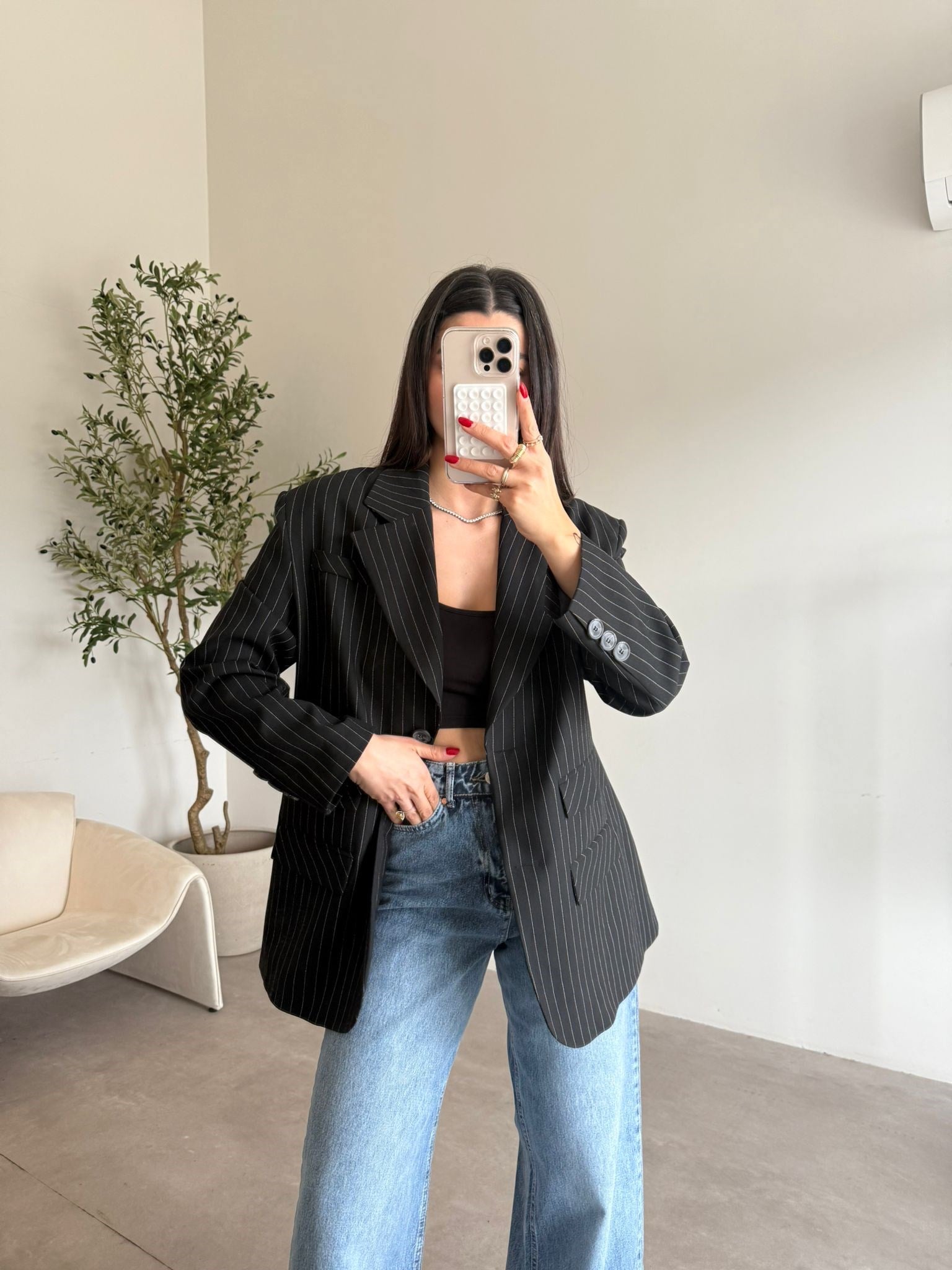 Siyah Çift Cep Detaylı Blazer Ceket