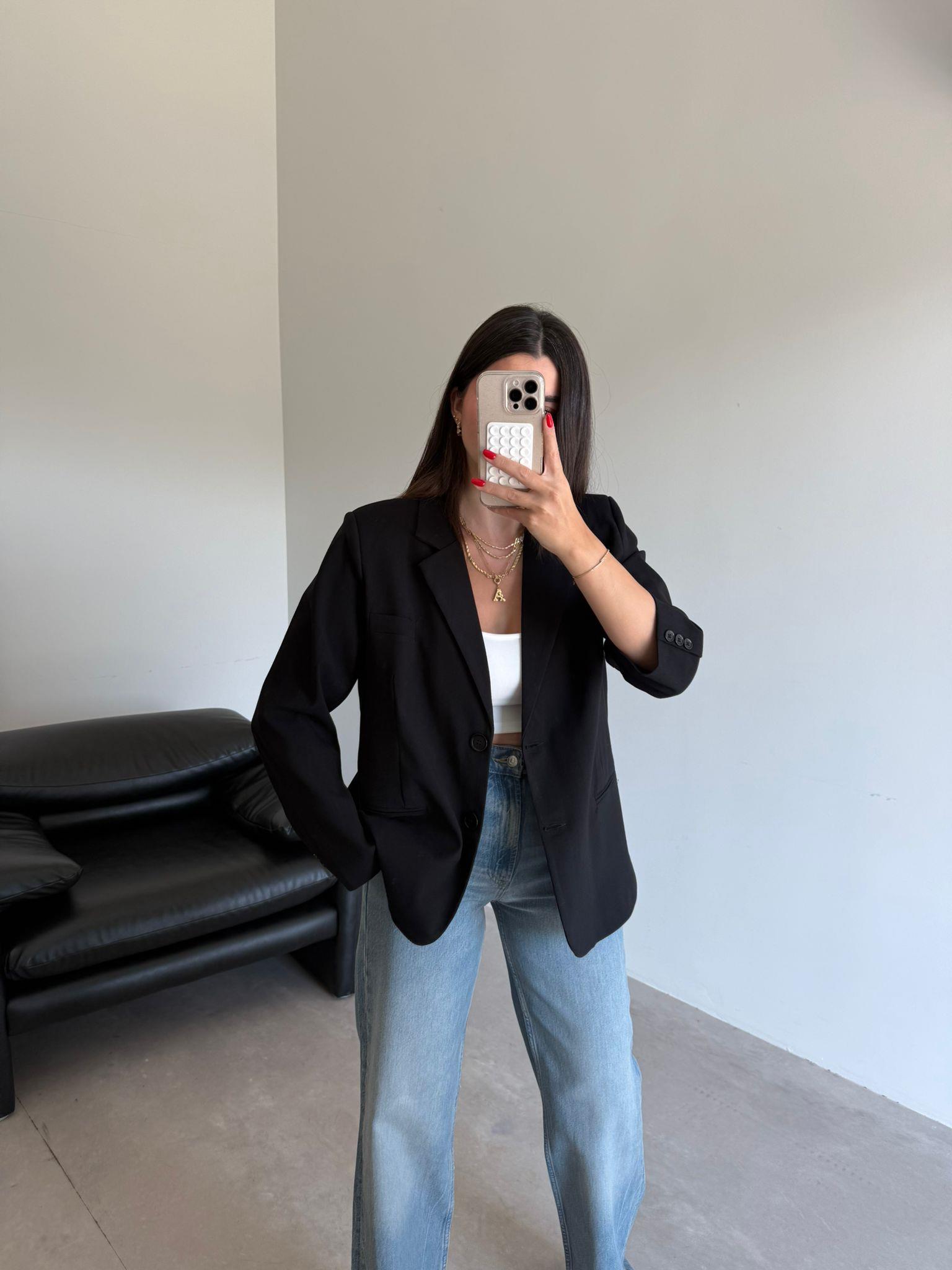 Siyah Çift Düğmeli Blazer Ceket
