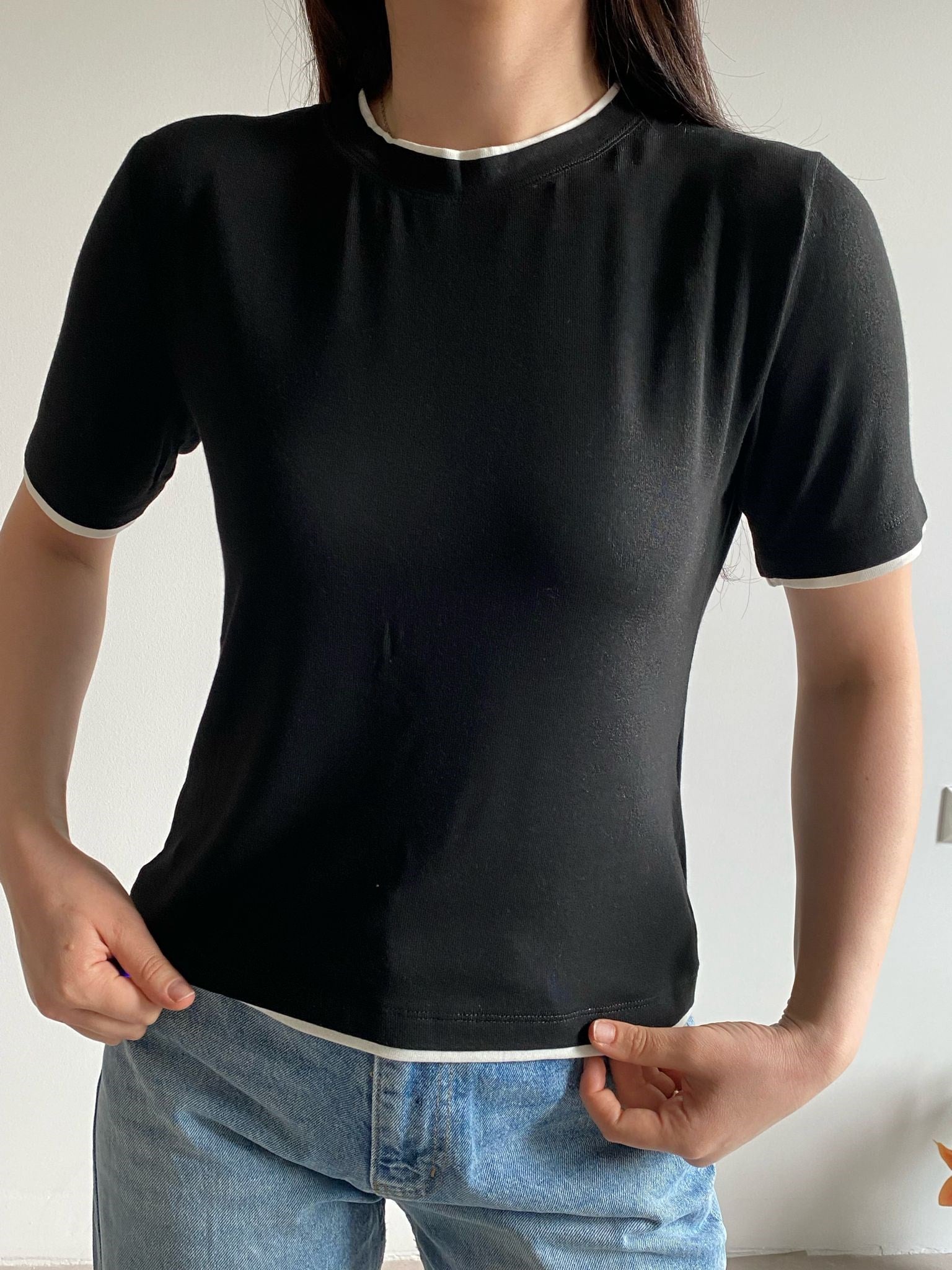 Siyah Çift Yaka Basic Tişört