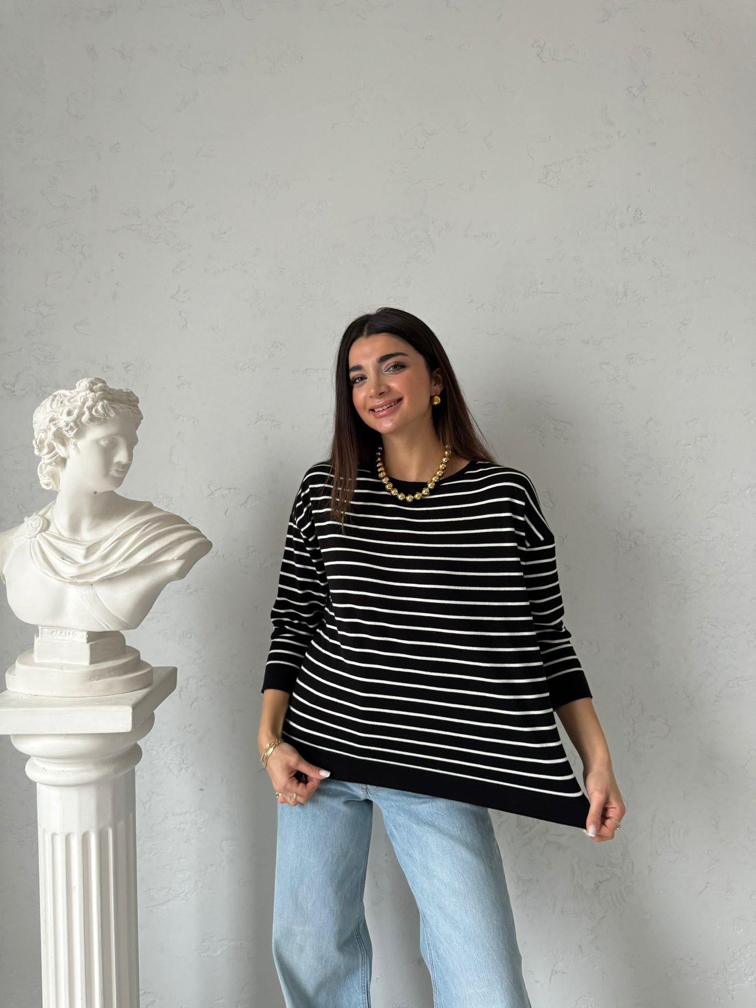 Siyah Çizgili Oversize Bluz