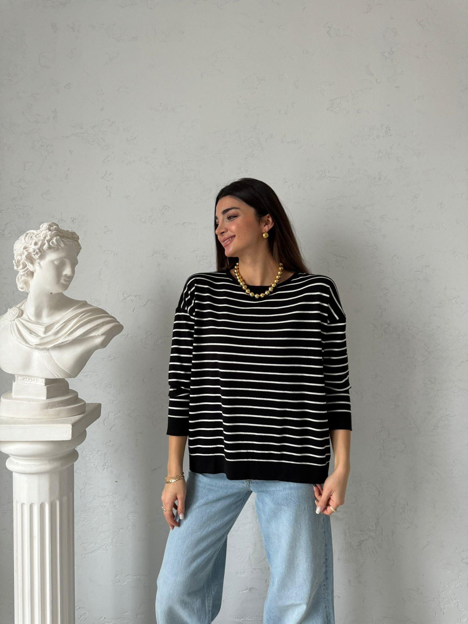 Siyah Çizgili Oversize Bluz