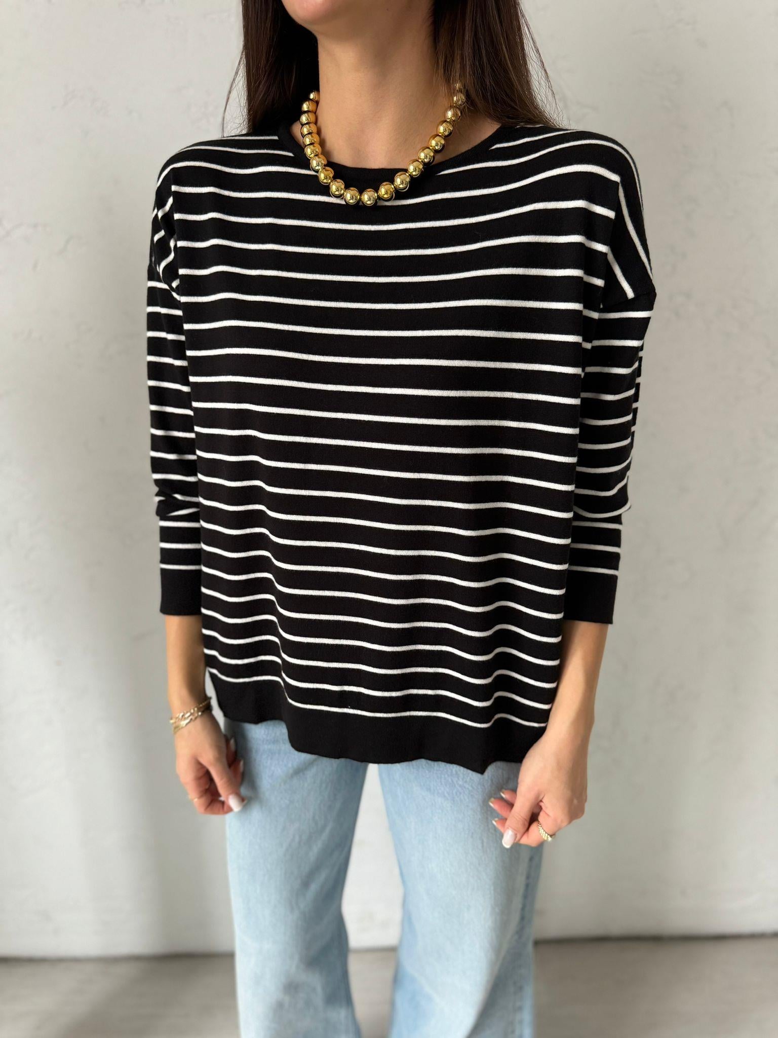 Siyah Çizgili Oversize Bluz