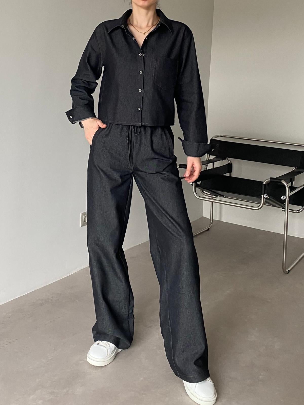 Siyah Croplu Denim Takım