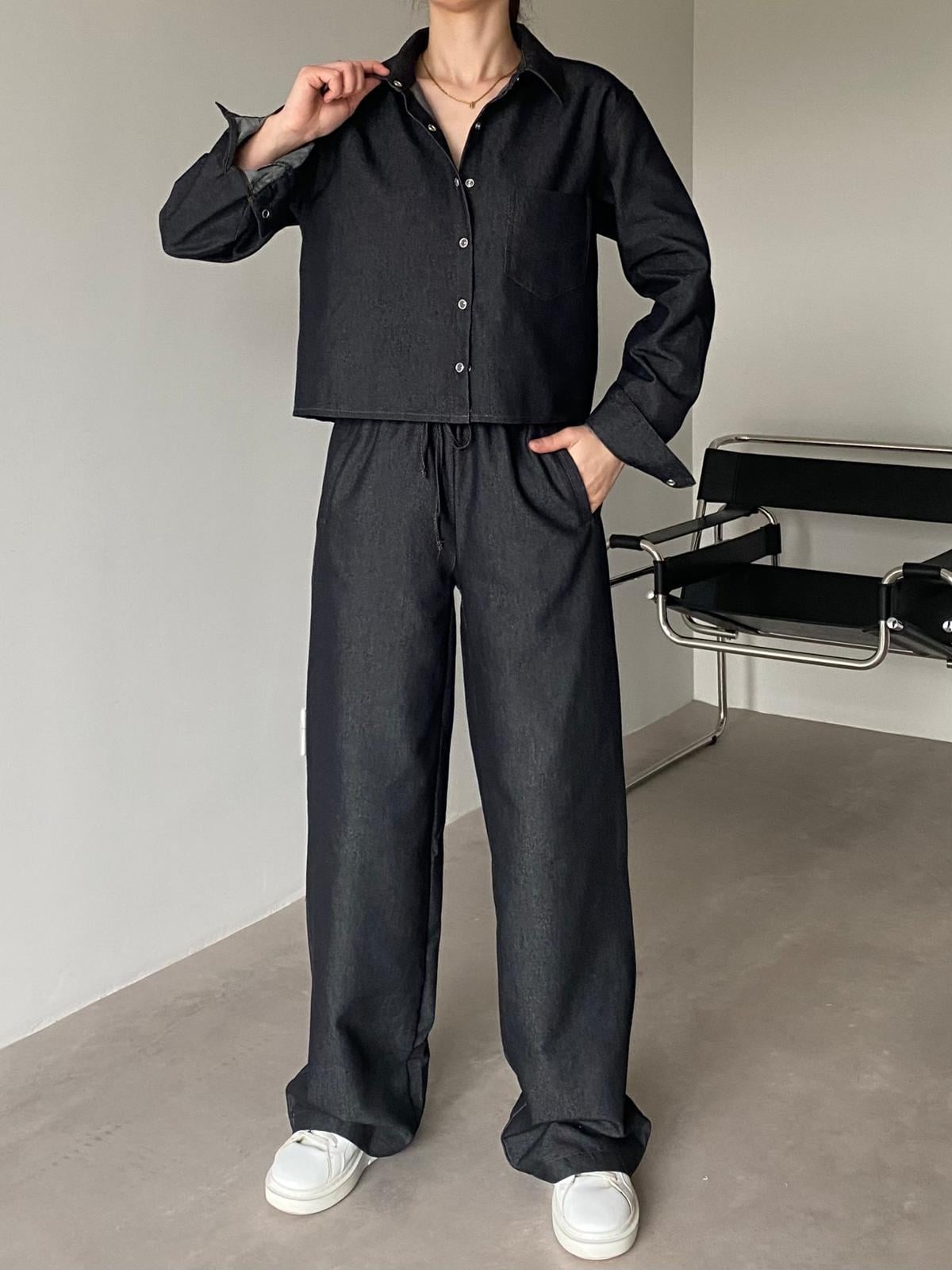 Siyah Croplu Denim Takım