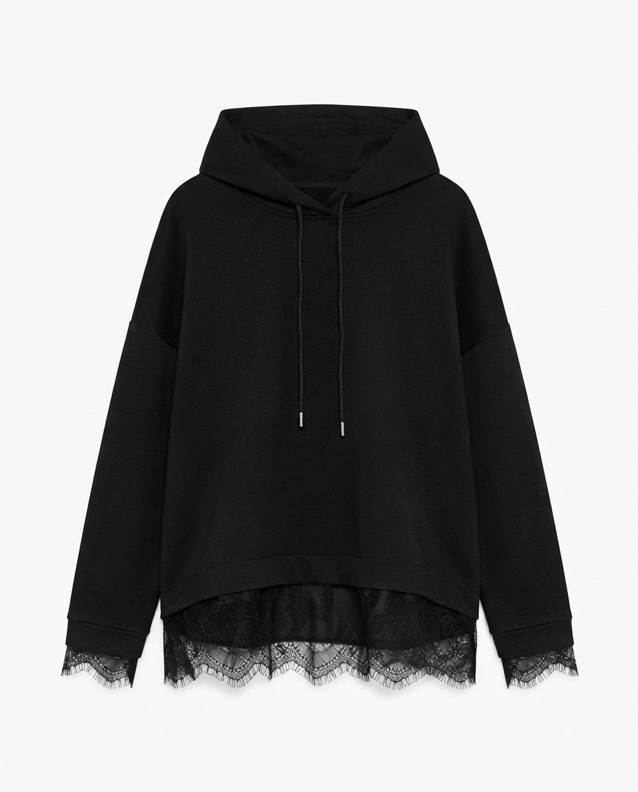 Siyah Dantelli Kapüşonlu Sweat