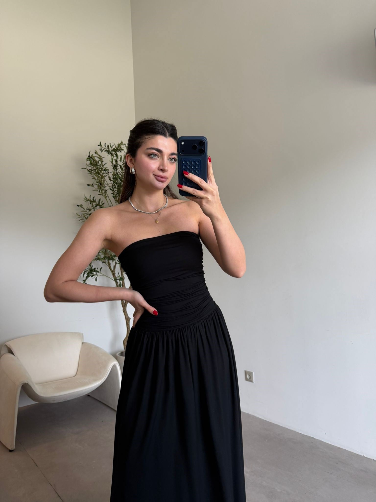 Siyah Drapeli Straplez Elbise