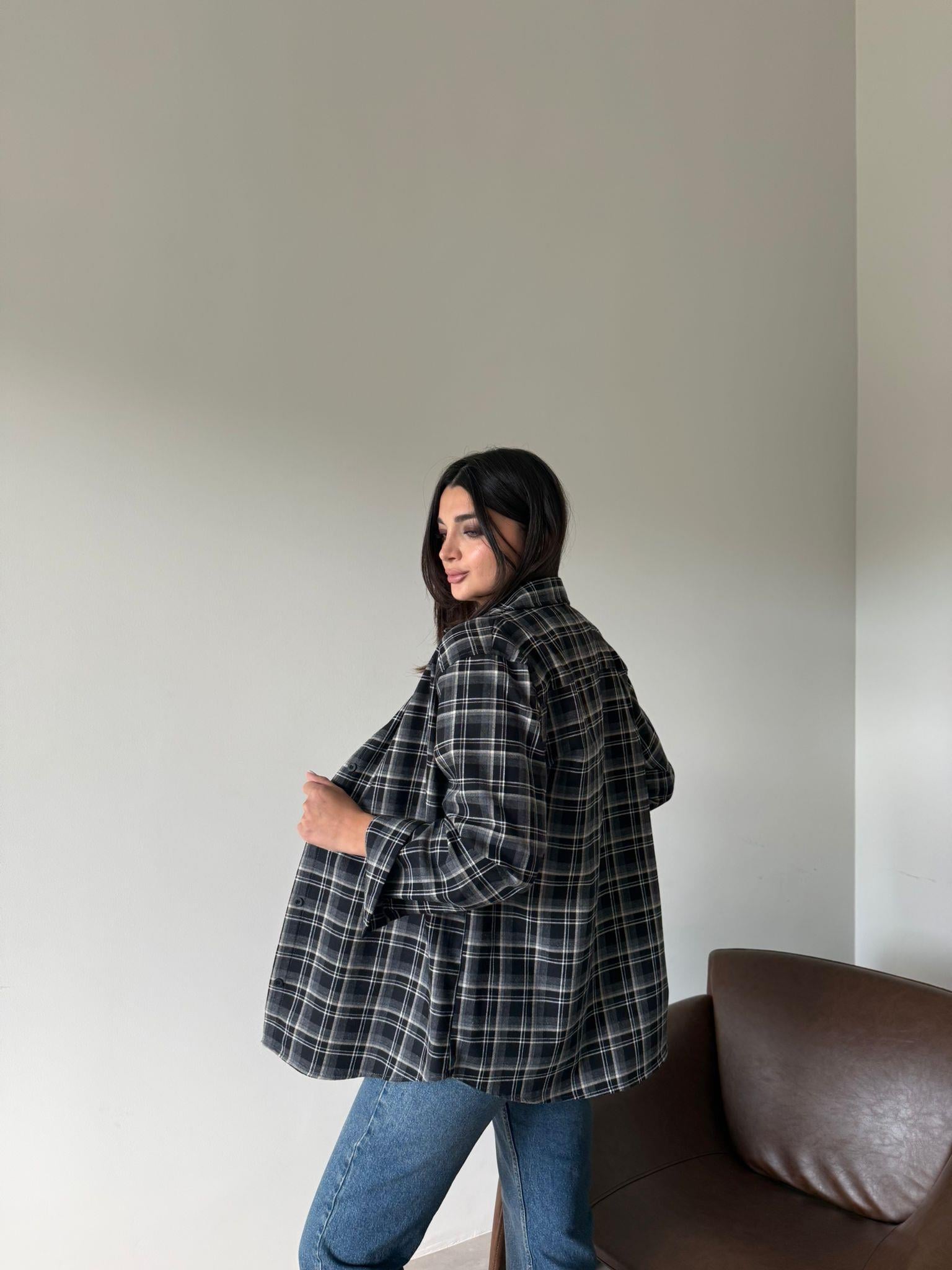 Siyah Ekoseli Oversize Gömlek