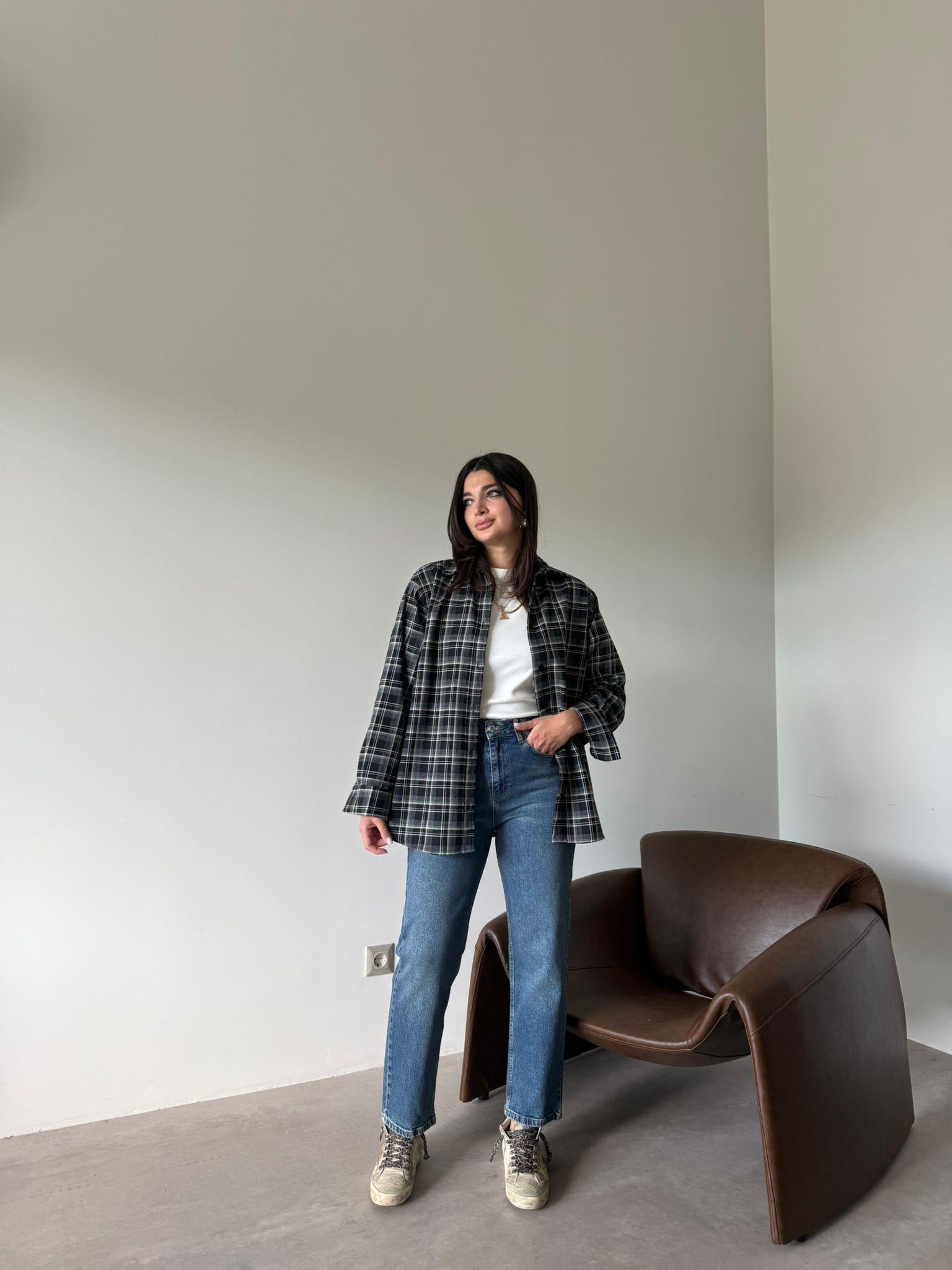Siyah Ekoseli Oversize Gömlek