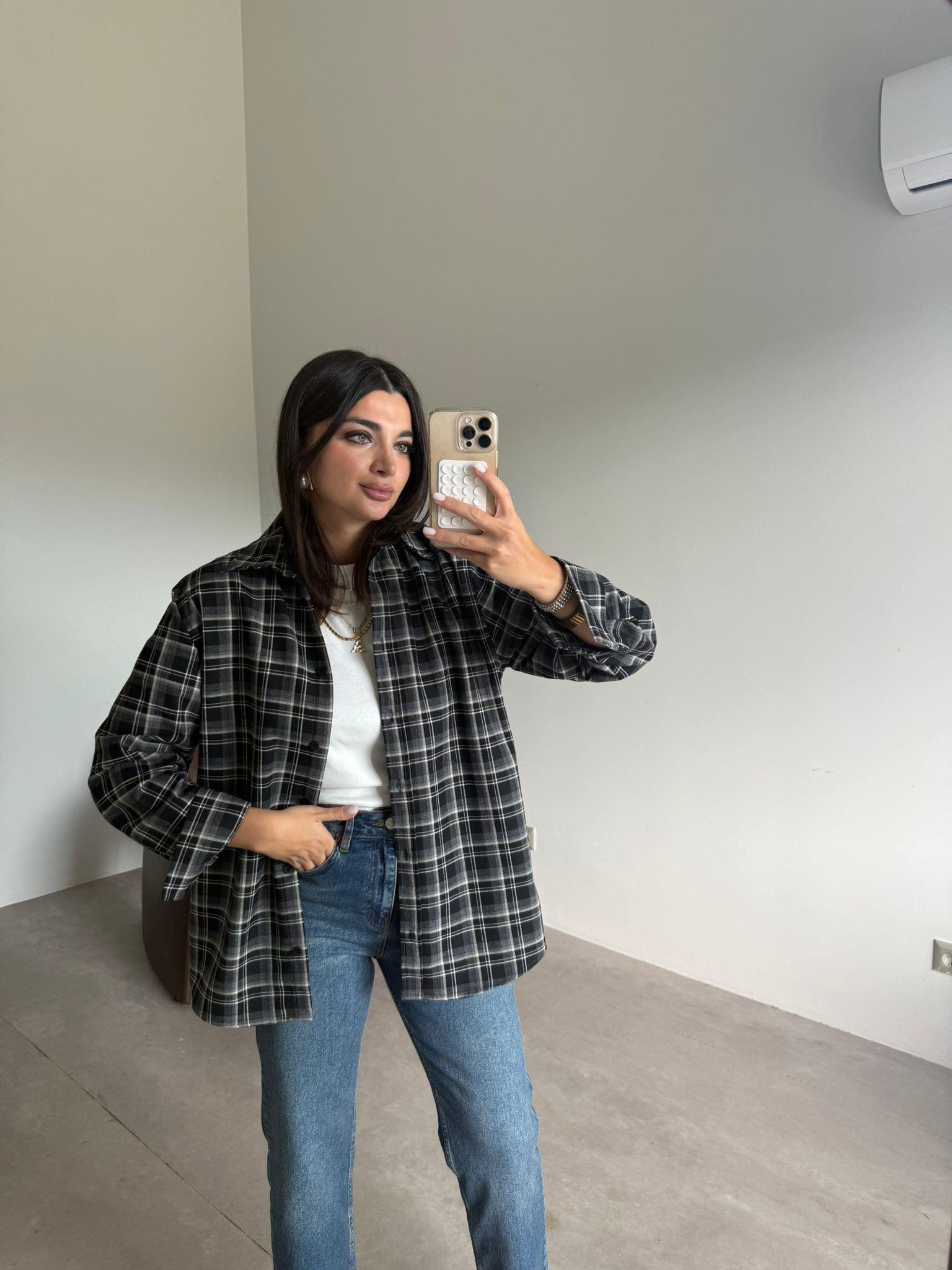 Siyah Ekoseli Oversize Gömlek