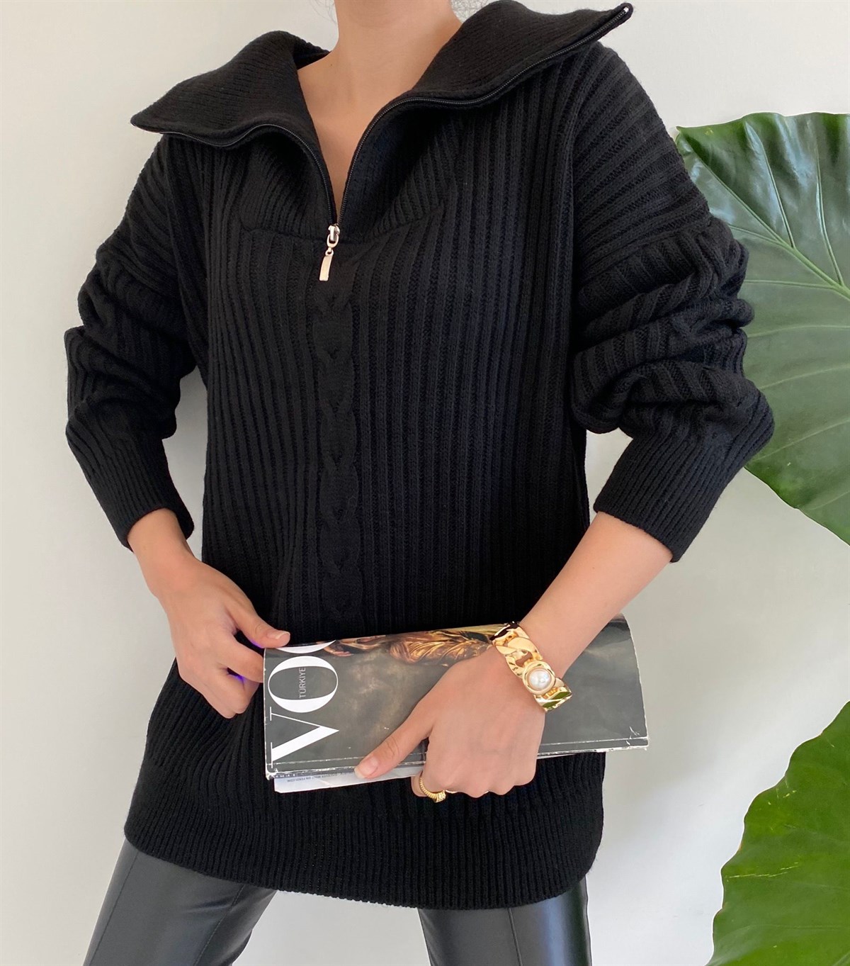 Siyah Fermuarlı Misty Kazak