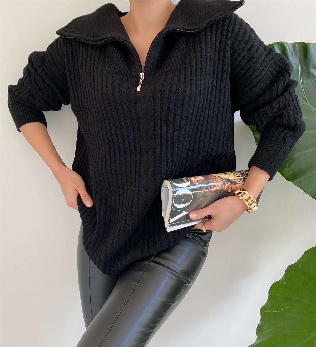 Siyah Fermuarlı Misty Kazak