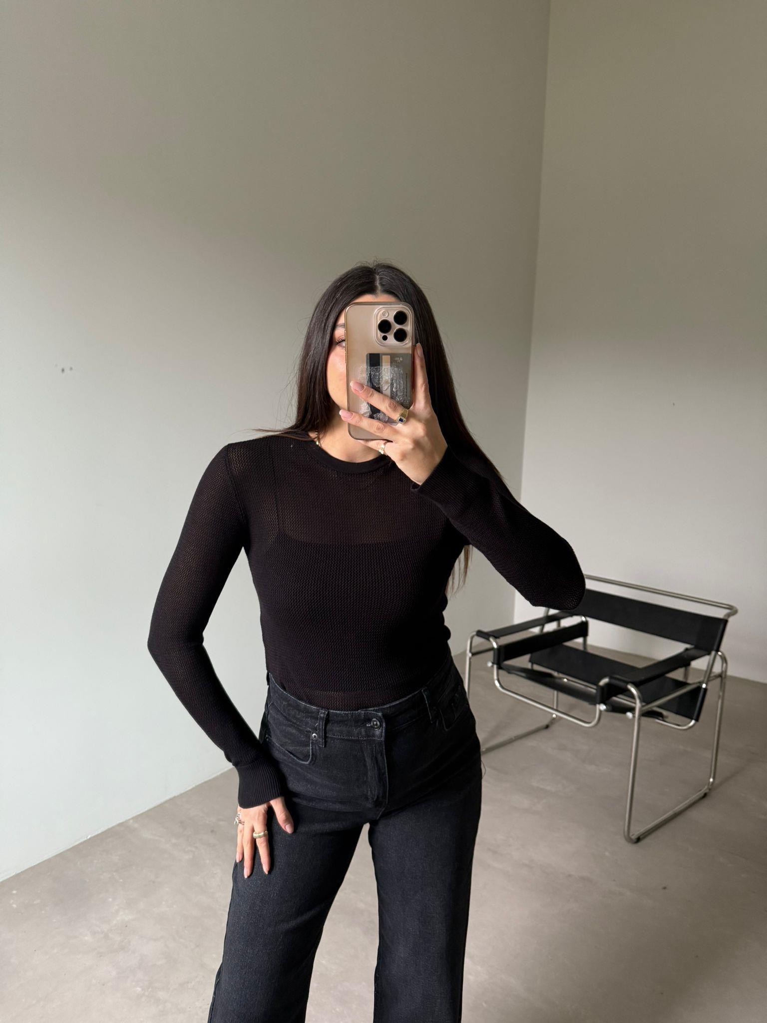 Siyah File Örgü Triko Bluz