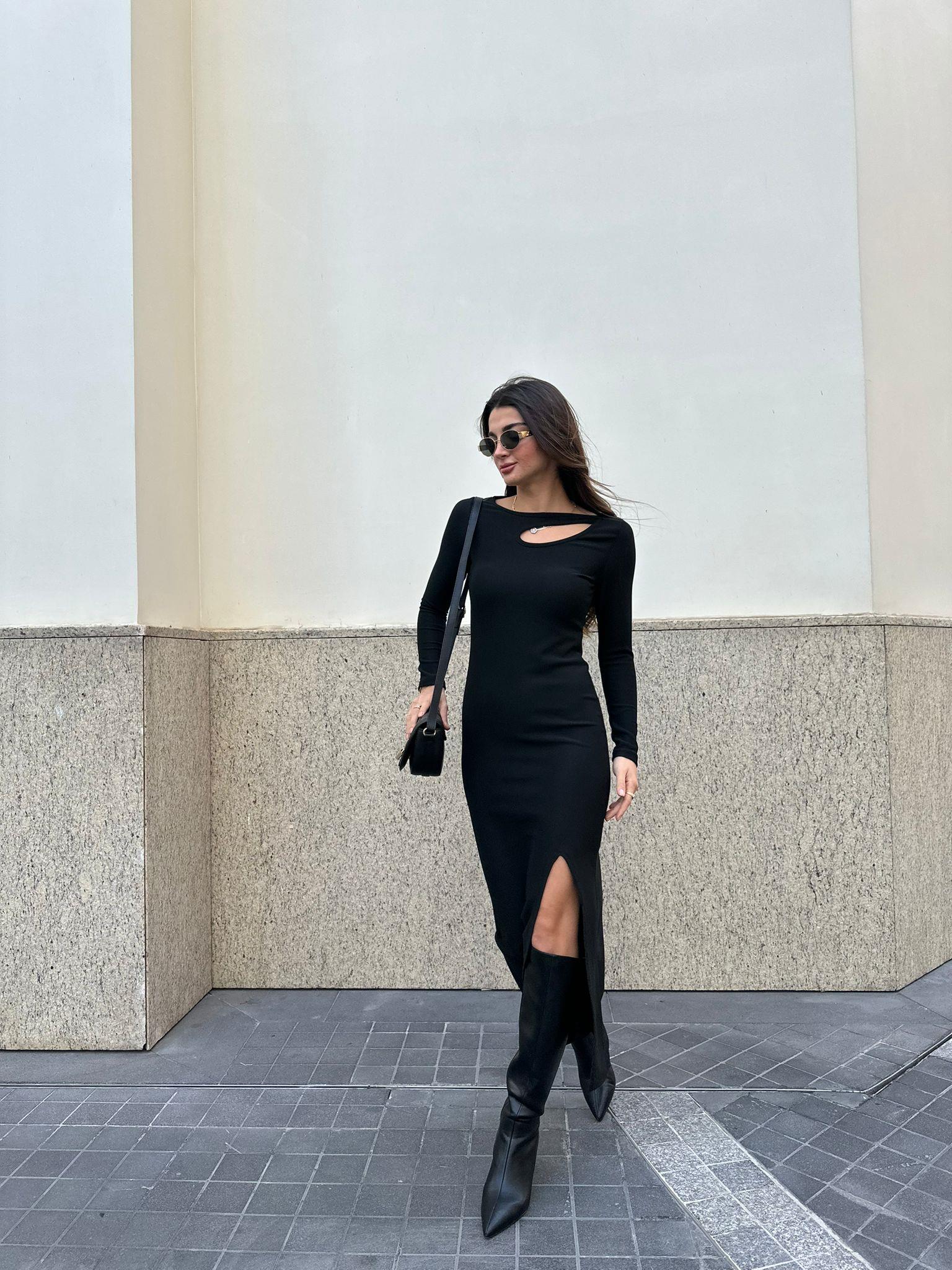 Siyah Fitilli Dekolteli Elbise