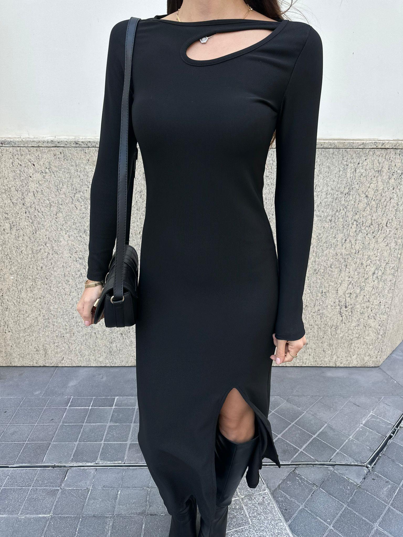 Siyah Fitilli Dekolteli Elbise