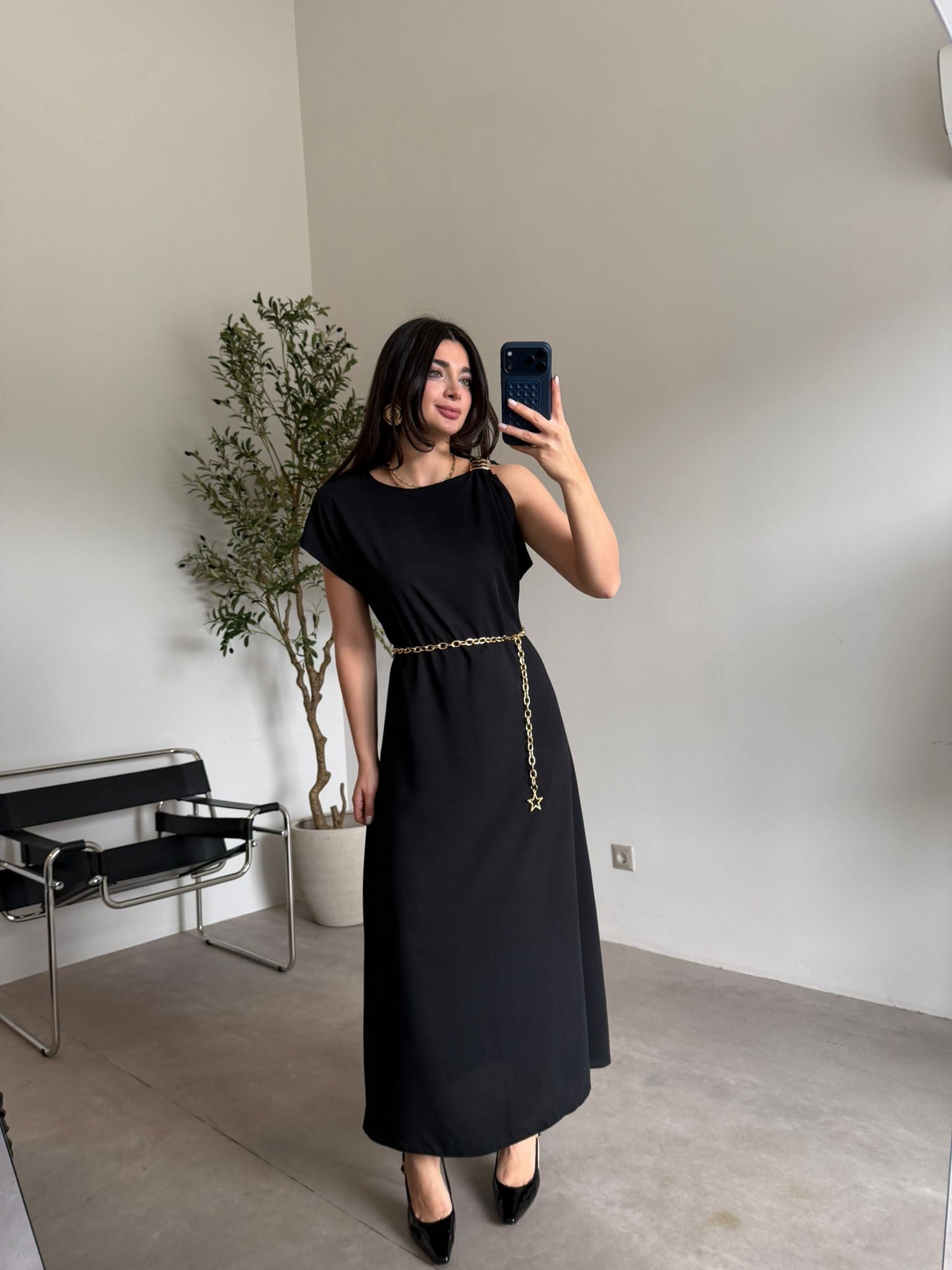 Siyah Gold Tokalı Salaş Elbise