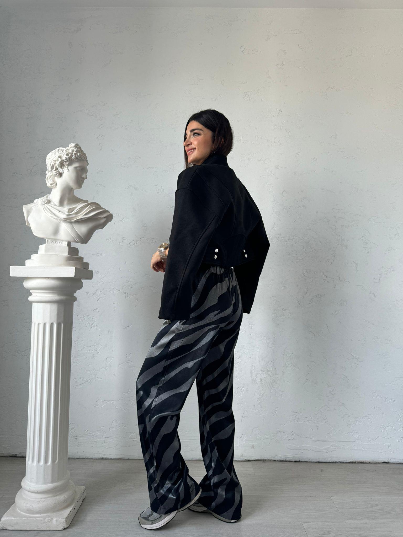 Siyah Gri Desenli Parlak Pantolon