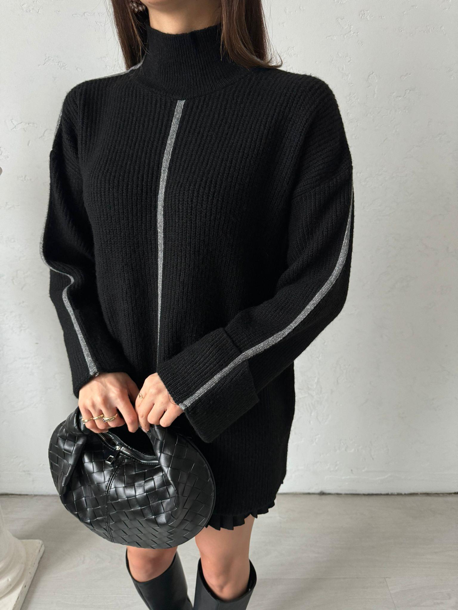 Siyah Gri Şeritli Oversize Kazak