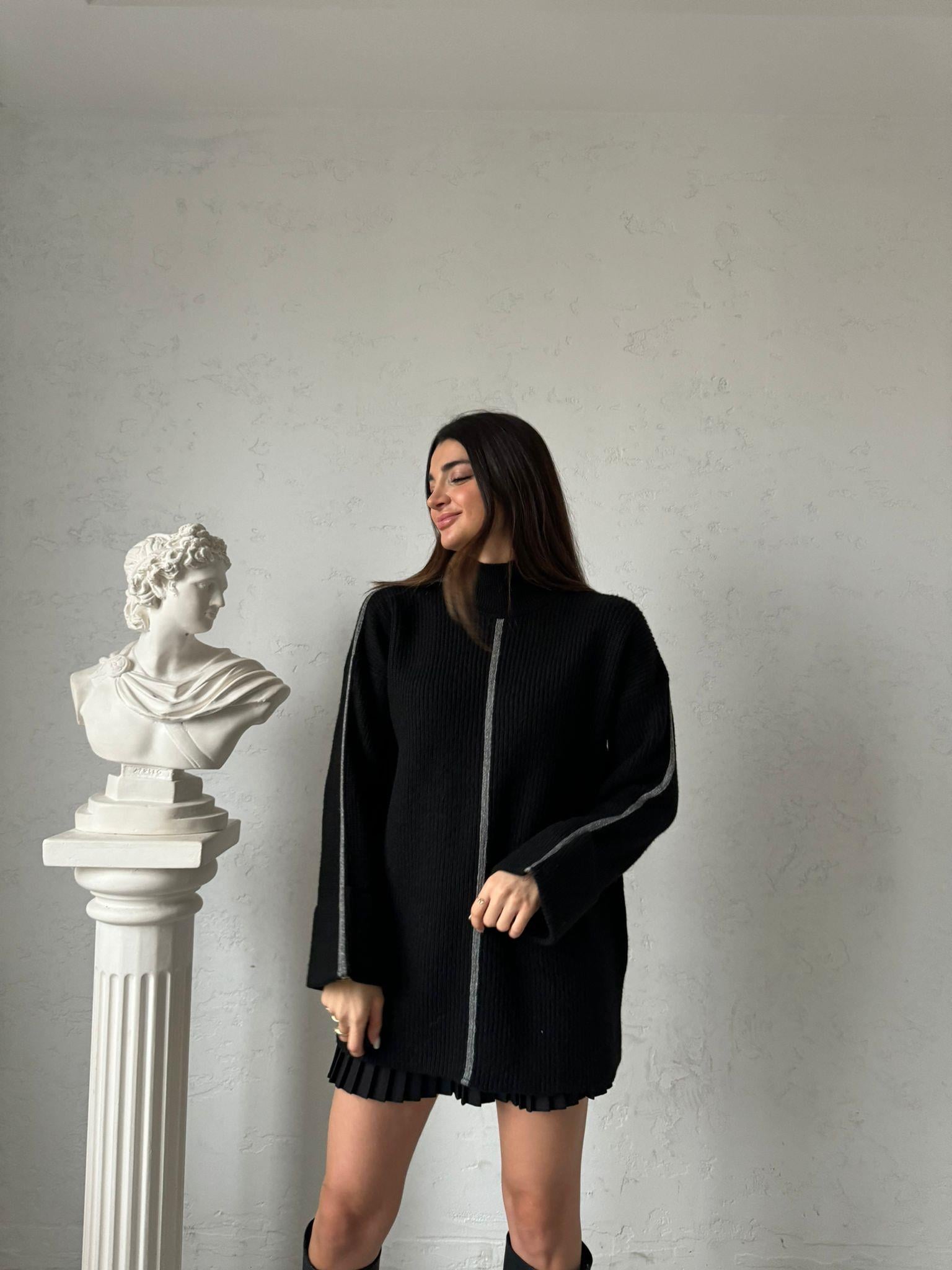 Siyah Gri Şeritli Oversize Kazak