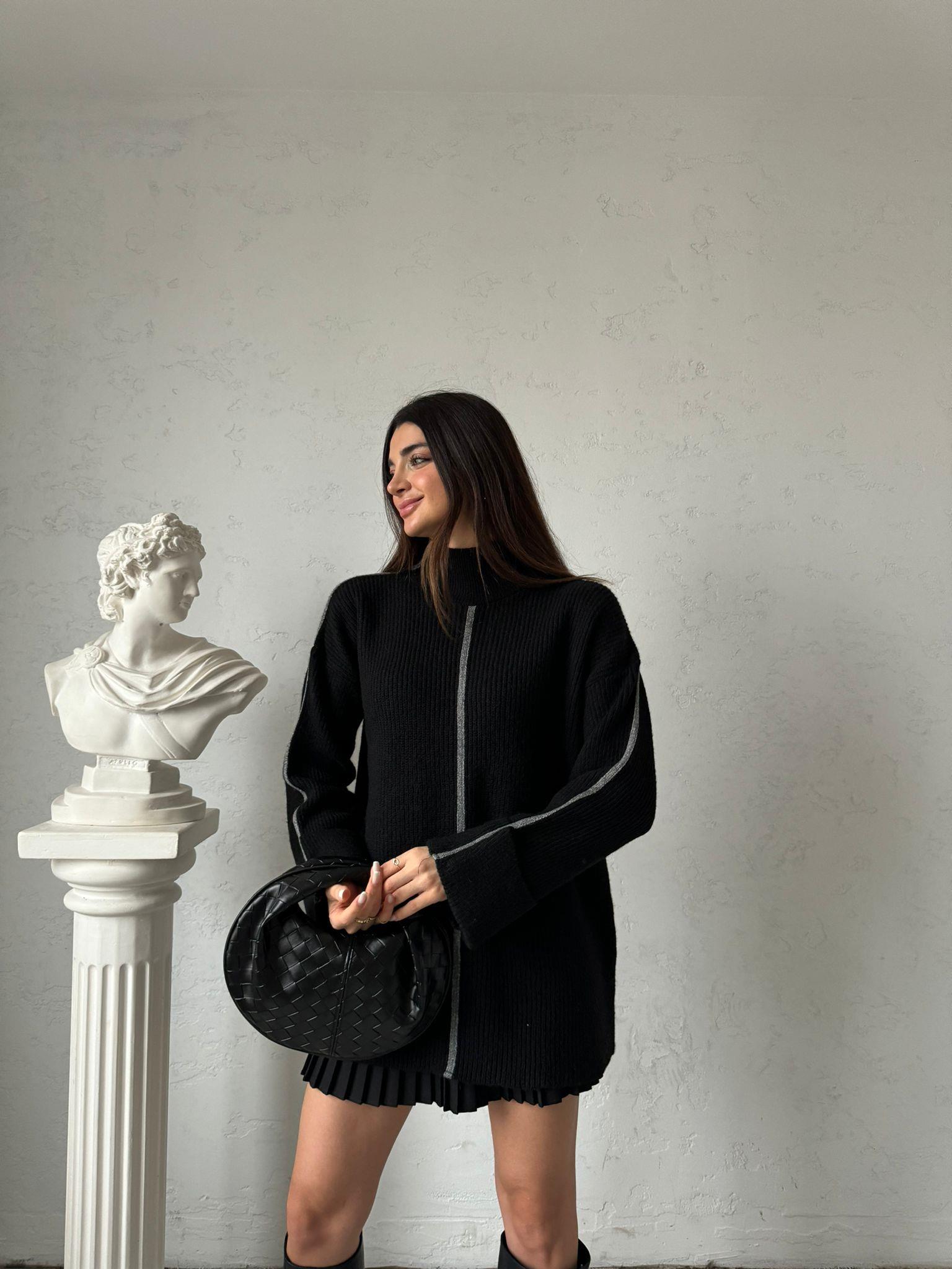 Siyah Gri Şeritli Oversize Kazak