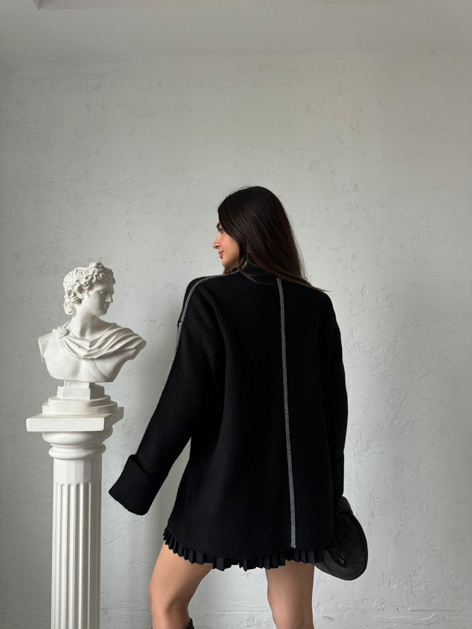 Siyah Gri Şeritli Oversize Kazak