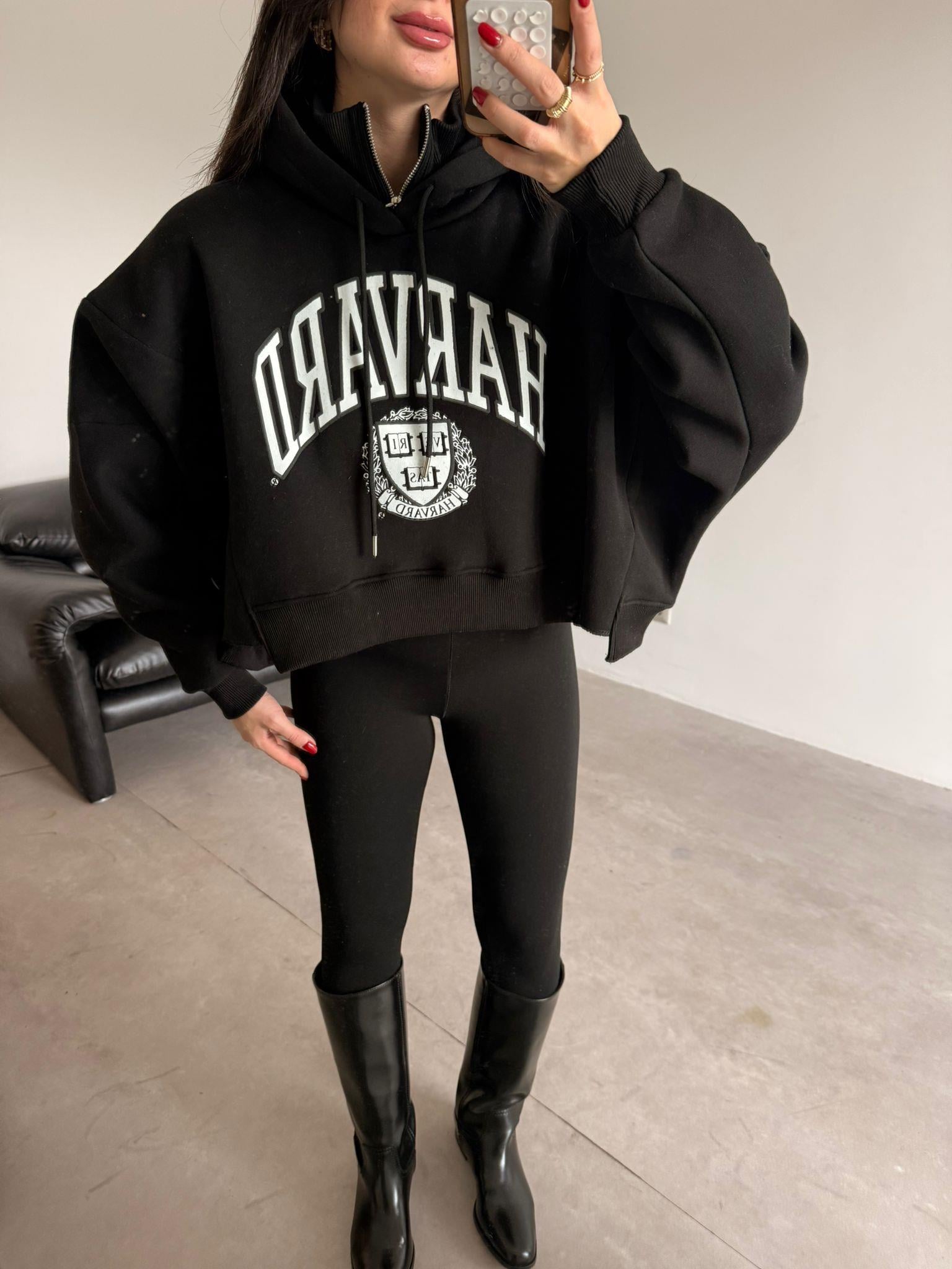 Siyah Harvard Baskılı Oversize Sweat