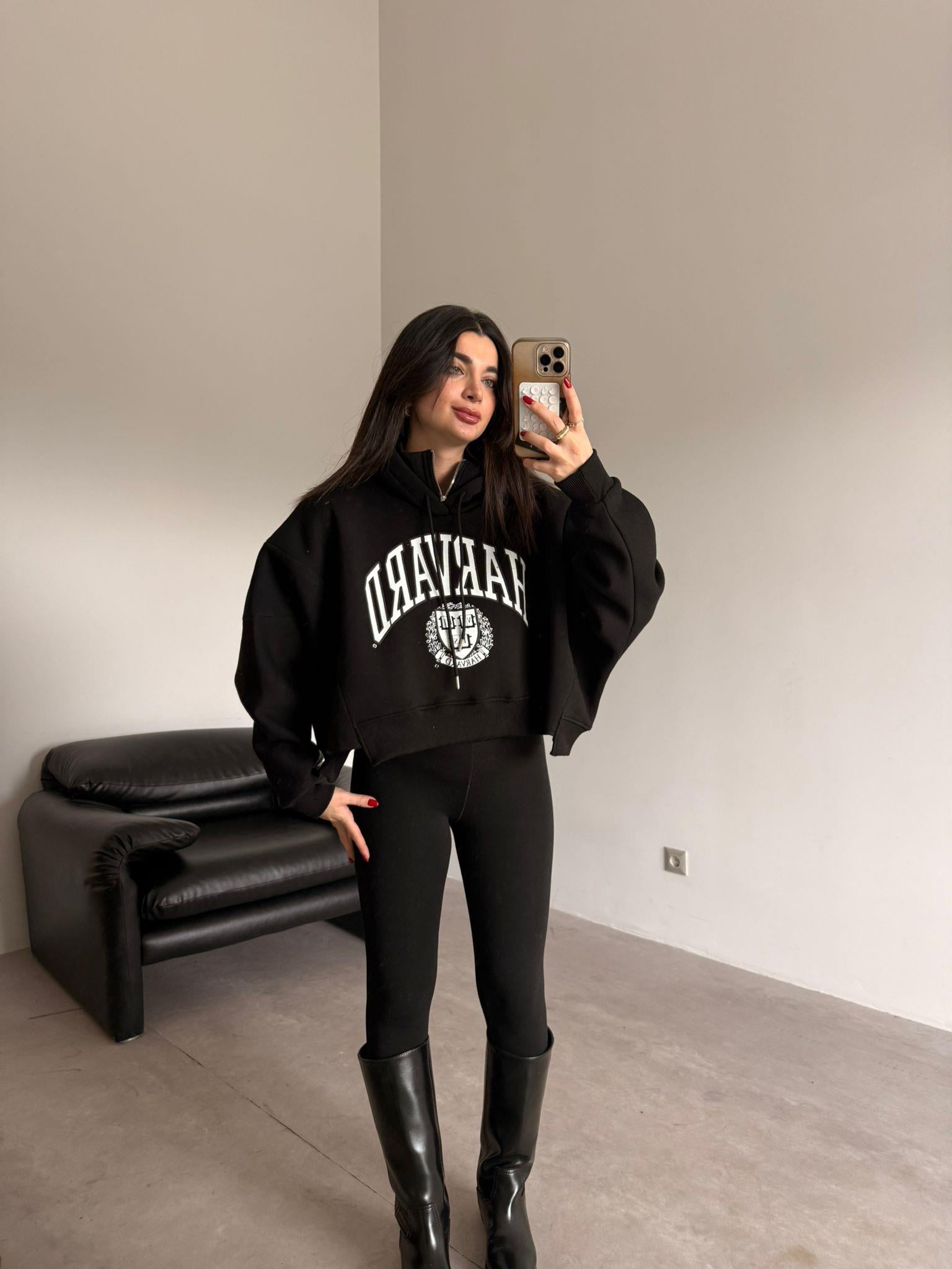 Siyah Harvard Baskılı Oversize Sweat