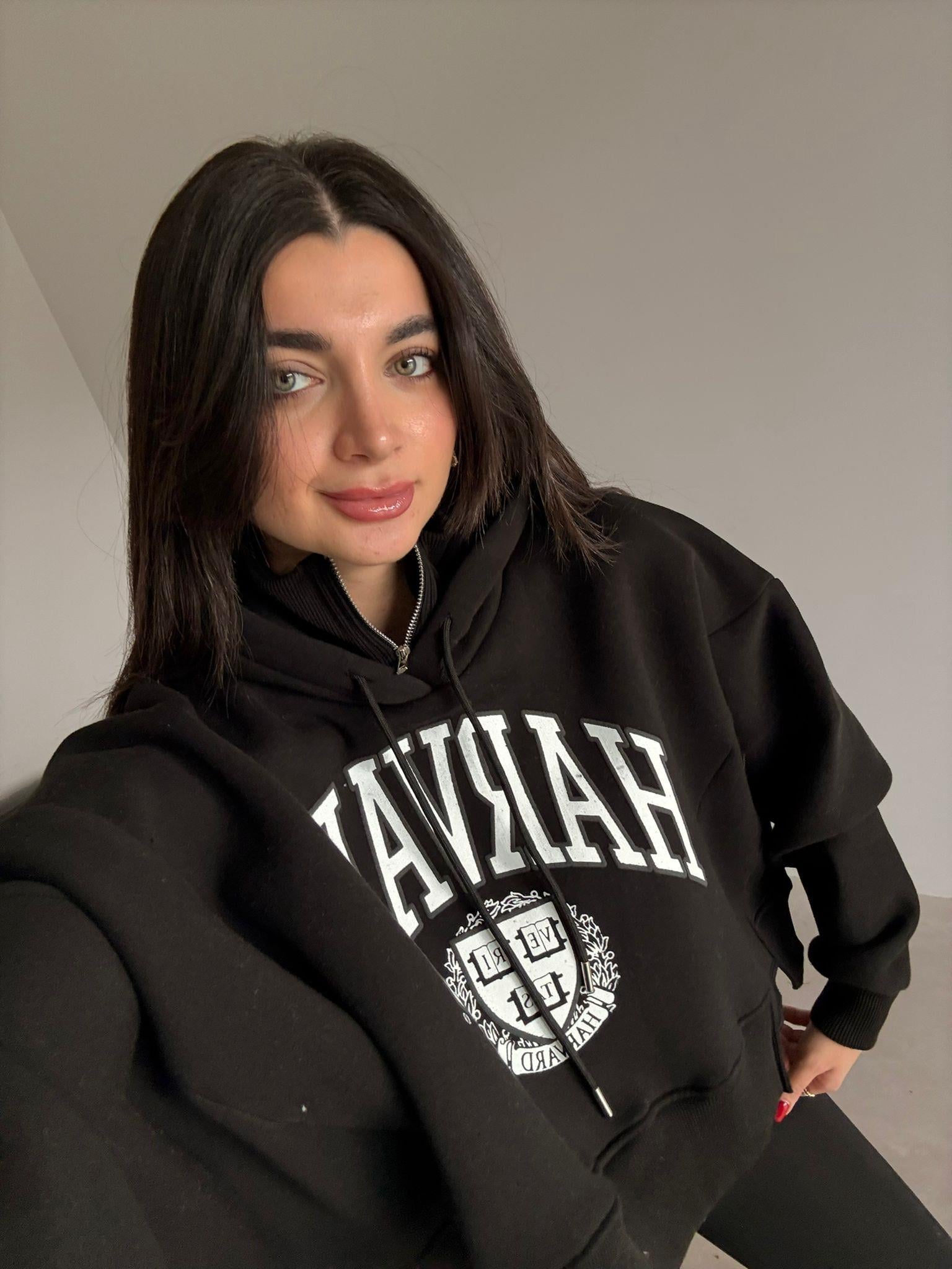 Siyah Harvard Baskılı Oversize Sweat
