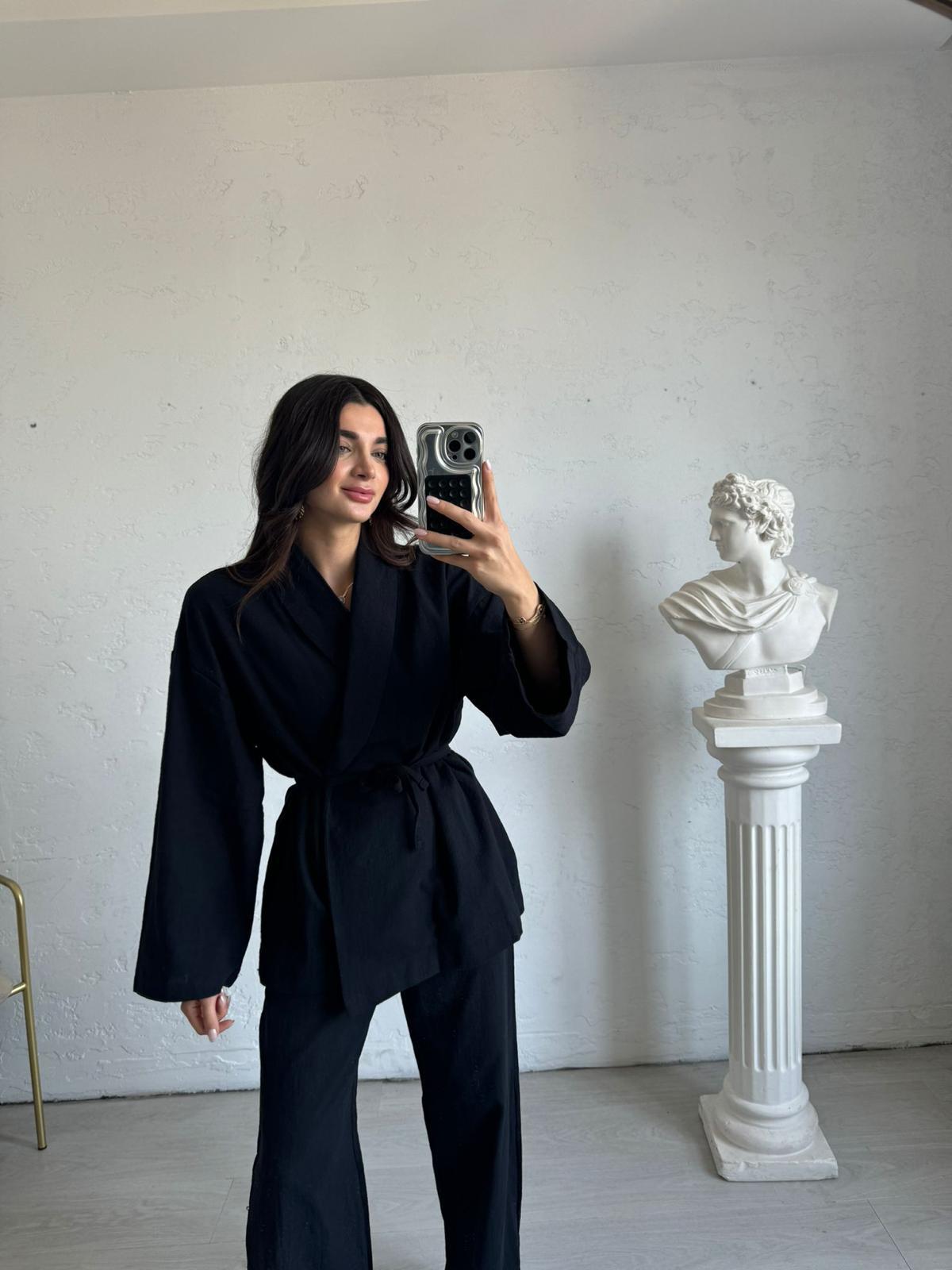 Siyah Keten Kimono Takım