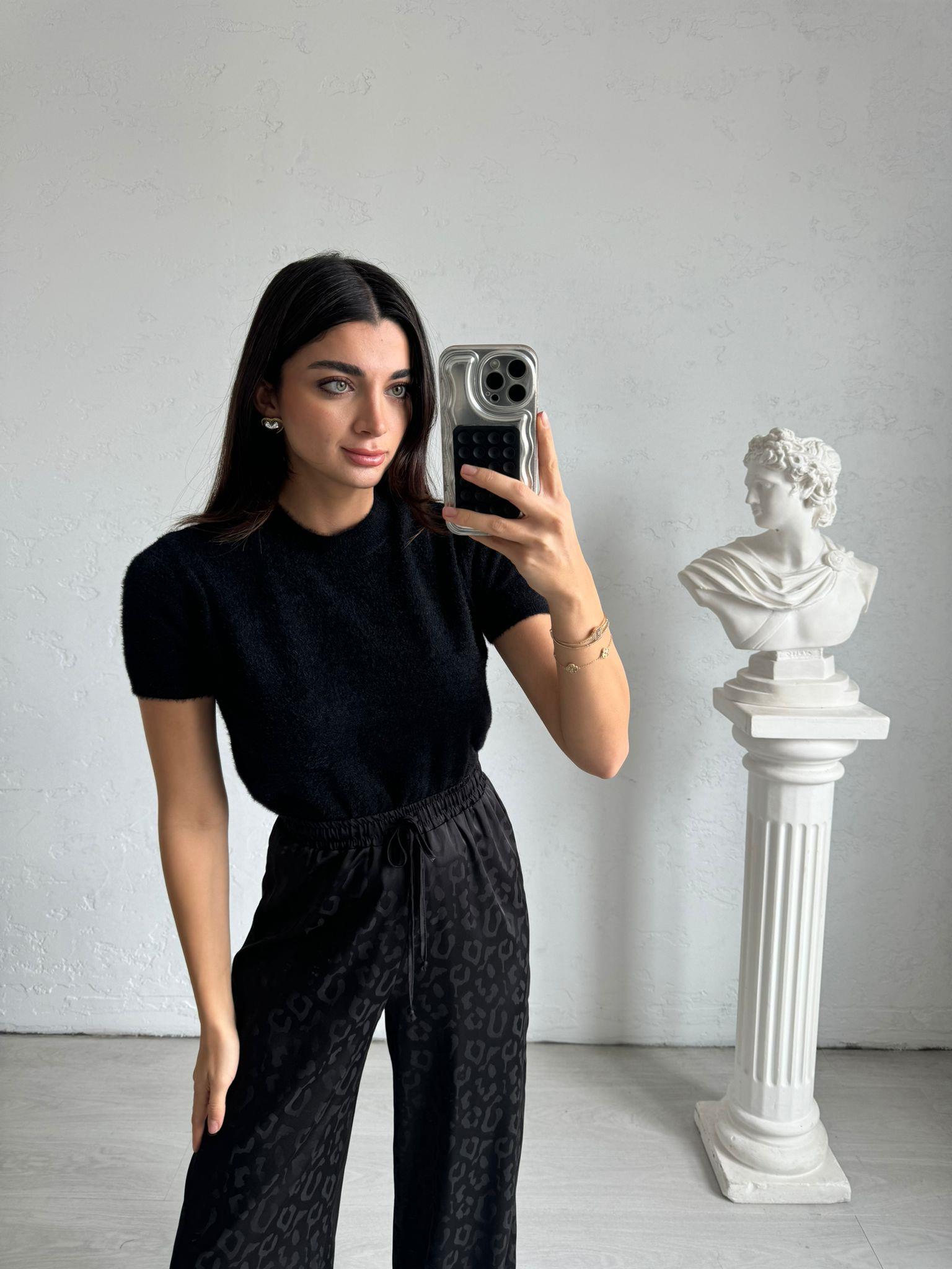 Siyah Leopar Desenli Beli Lastikli Pantolon