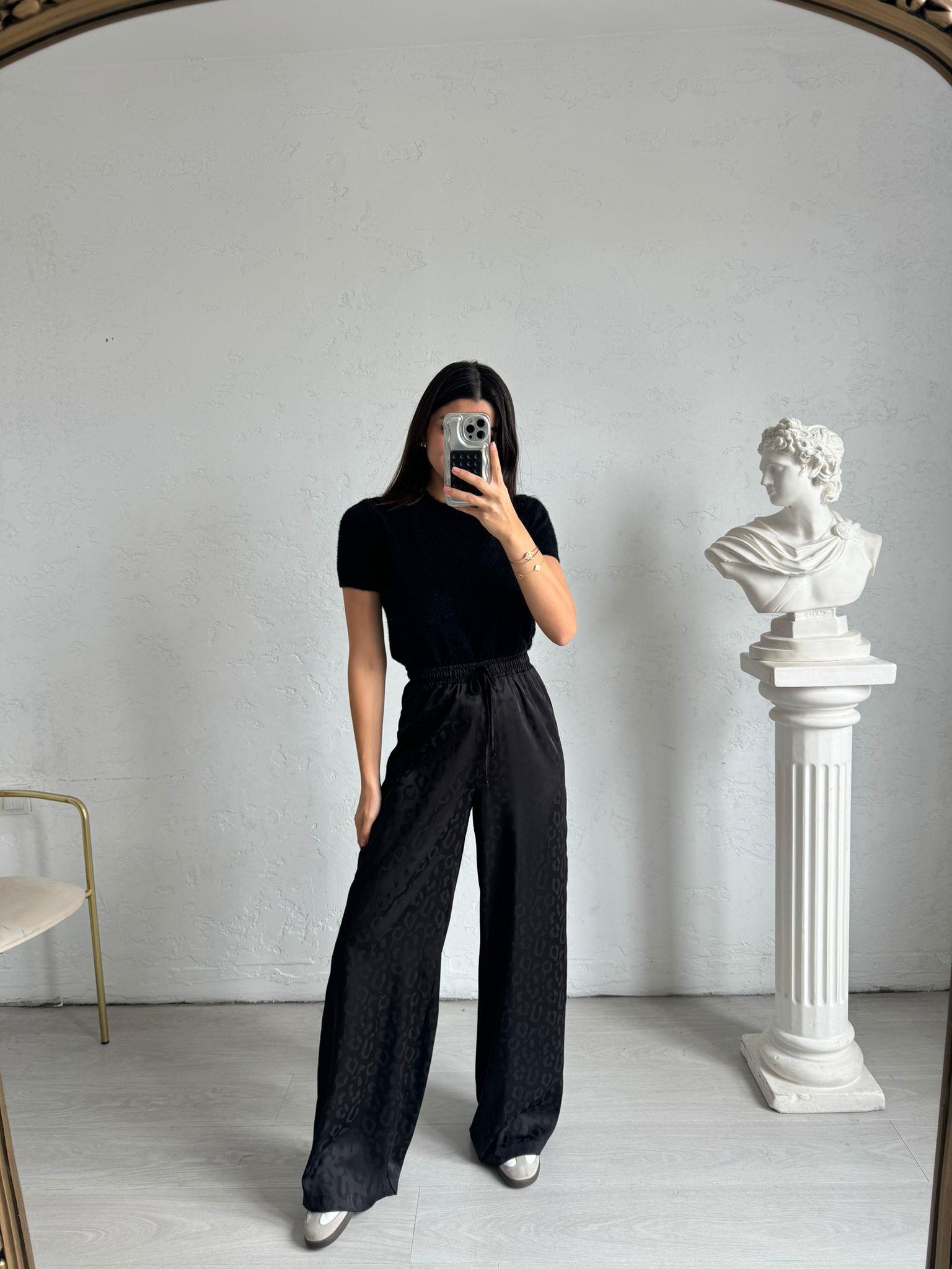 Siyah Leopar Desenli Beli Lastikli Pantolon