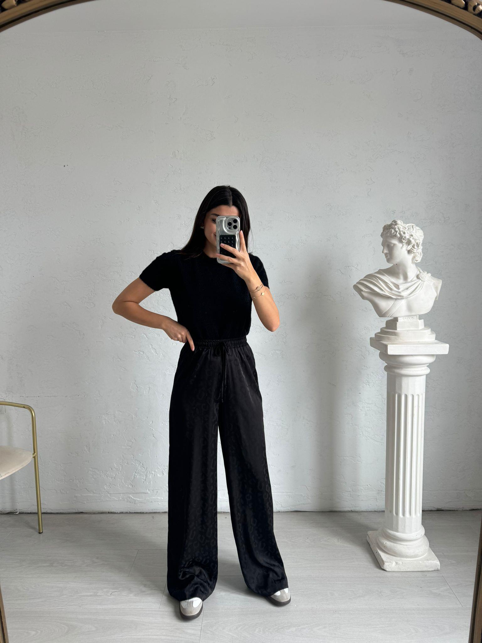 Siyah Leopar Desenli Beli Lastikli Pantolon