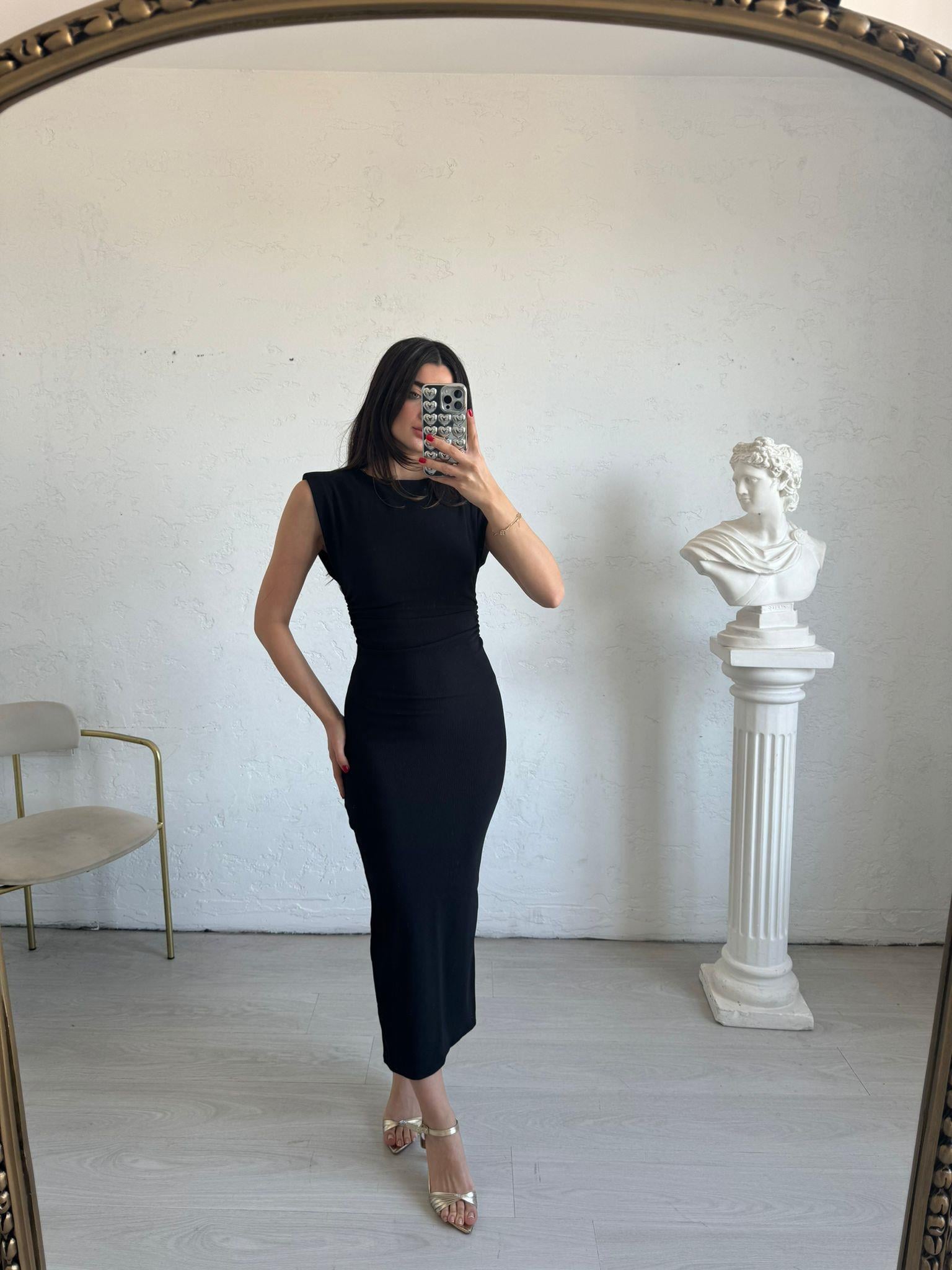 Siyah Ottoman Kumaş Drapeli Elbise